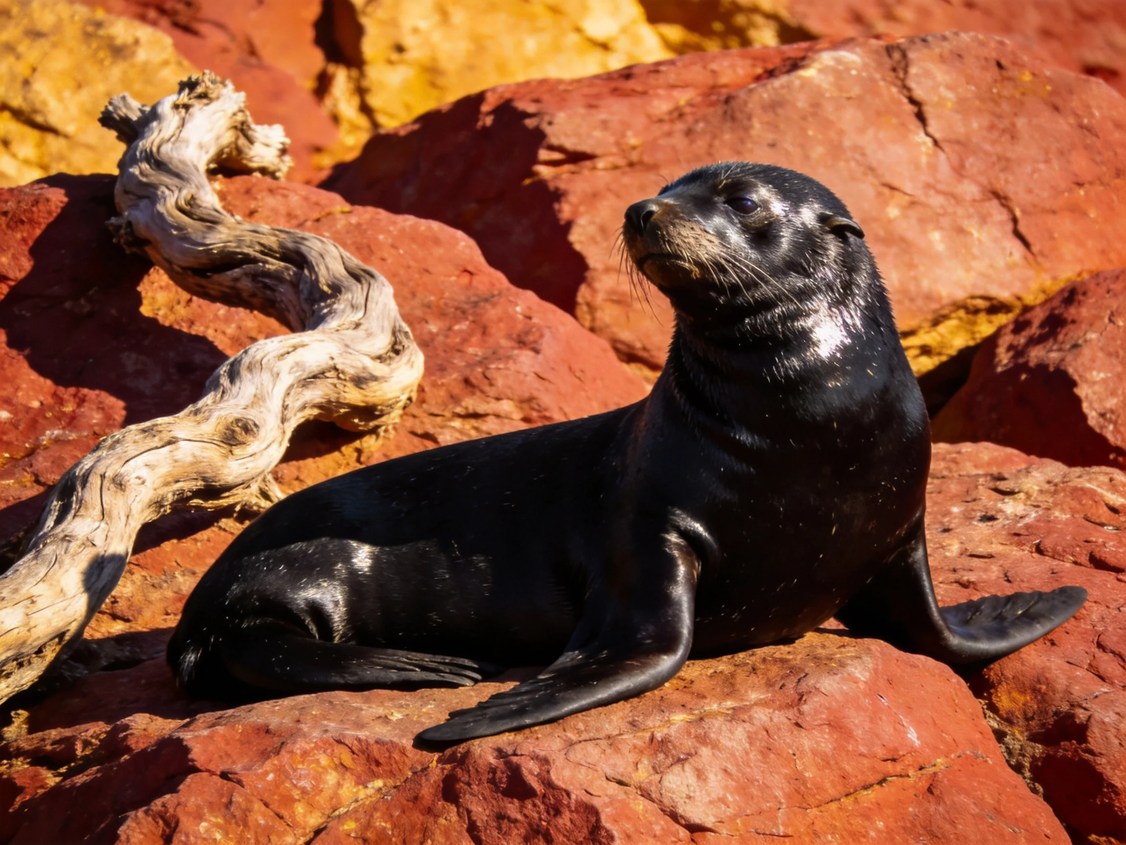 A glossy black sea lion rests on vibrant red rocks near twisted driftwood