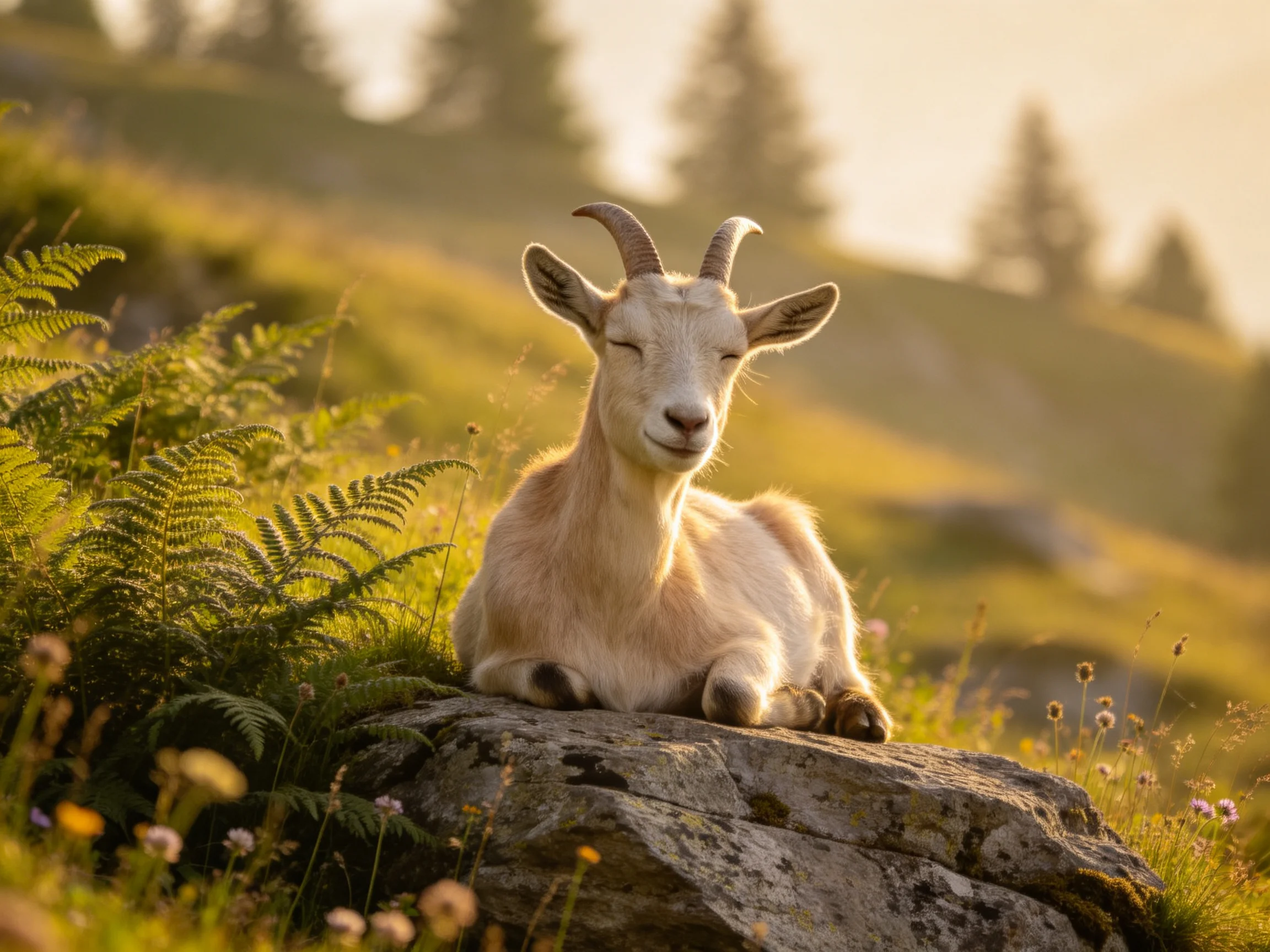 A goat relaxes on a rock surrounded by ferns and wildflowers in a sunlit meadow.