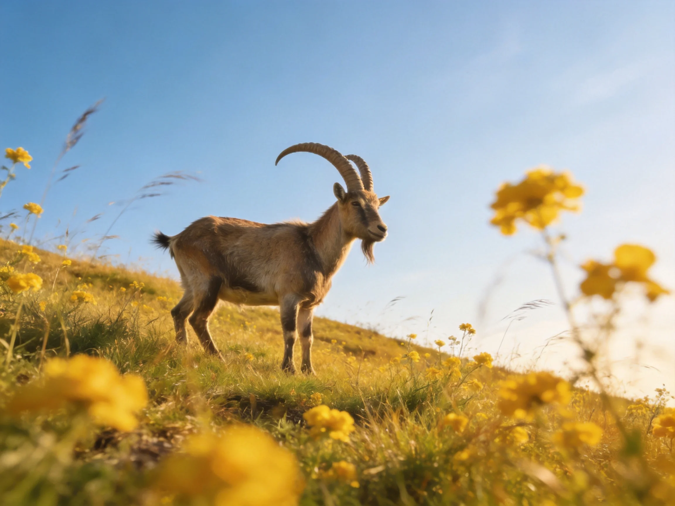 A goat stands among vibrant yellow wildflowers on a sunny hillside