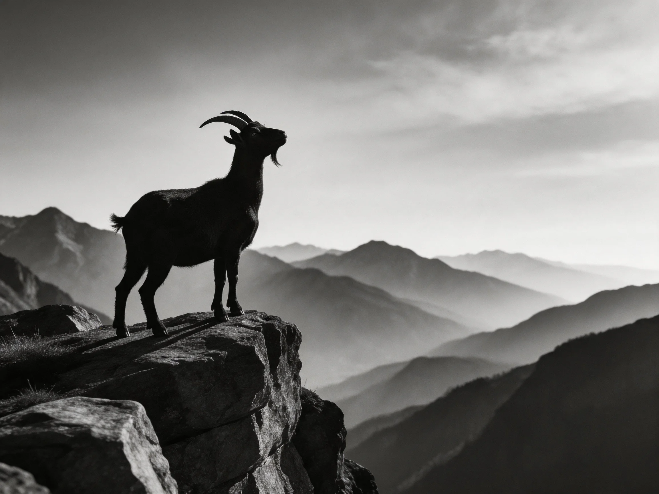 A goat stands on a rocky cliff with layered mountain ranges in the background.