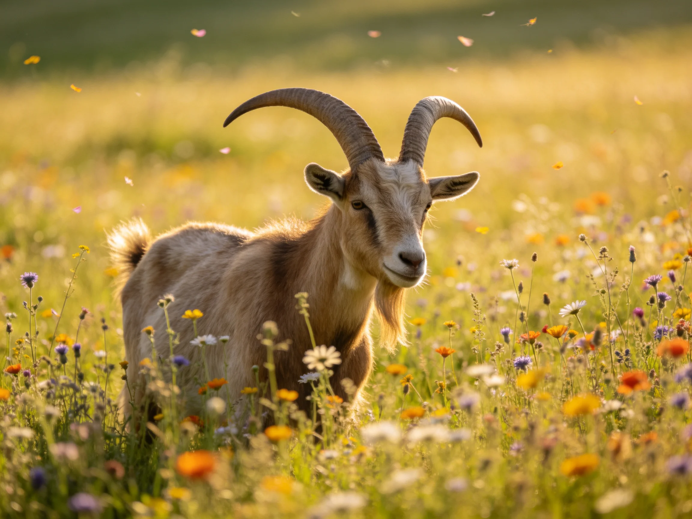 A goat with curved horns stands amid vibrant wildflowers in a sunlit meadow
