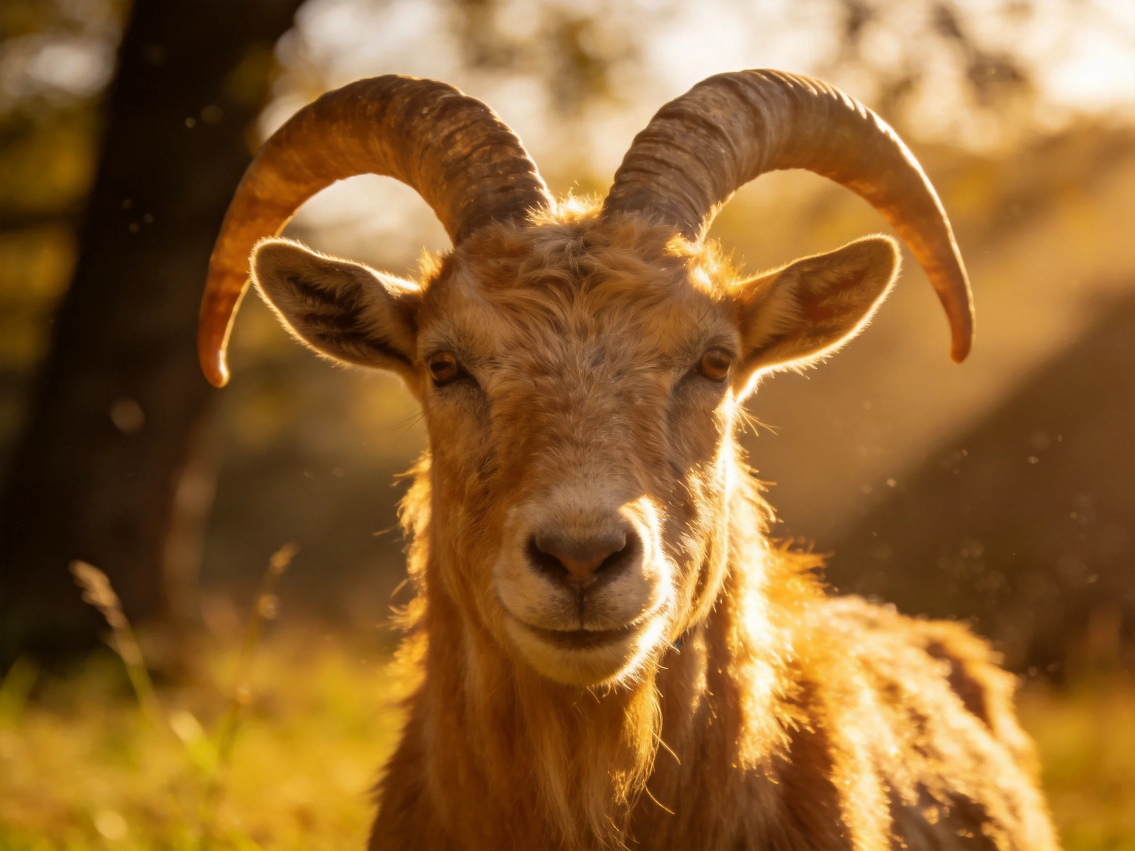 A goat with large curved horns in a sun-drenched natural landscape
