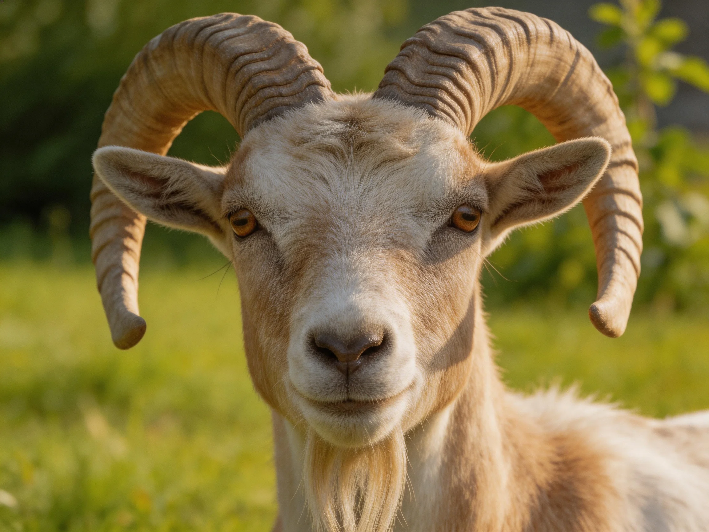 A goat with large curved horns in a sunlit meadow