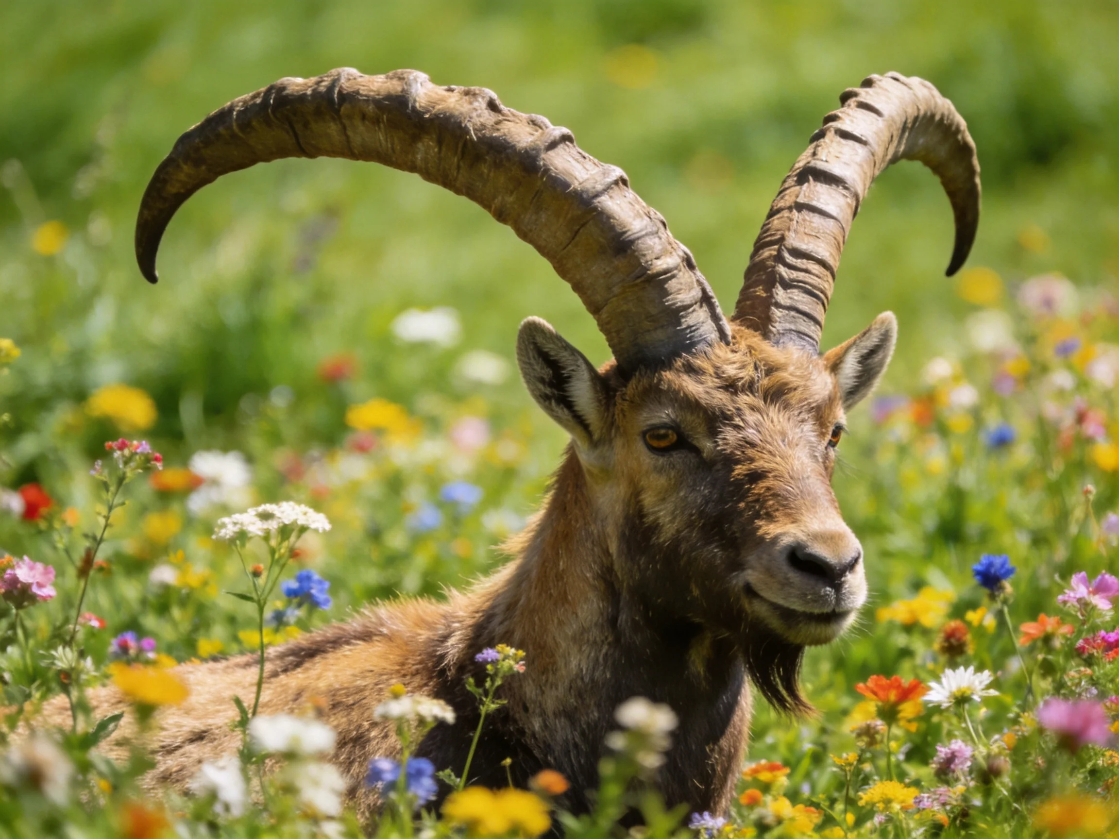 A goat with massive curved horns rests amid vibrant wildflowers