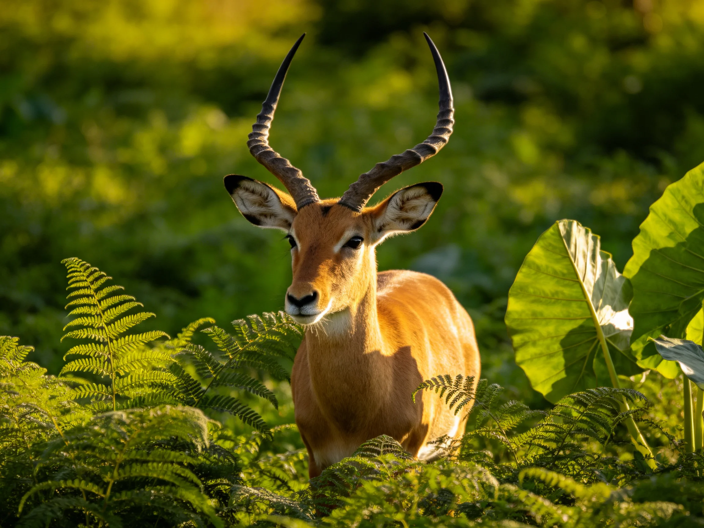 A golden antelope with curved horns amid lush greenery