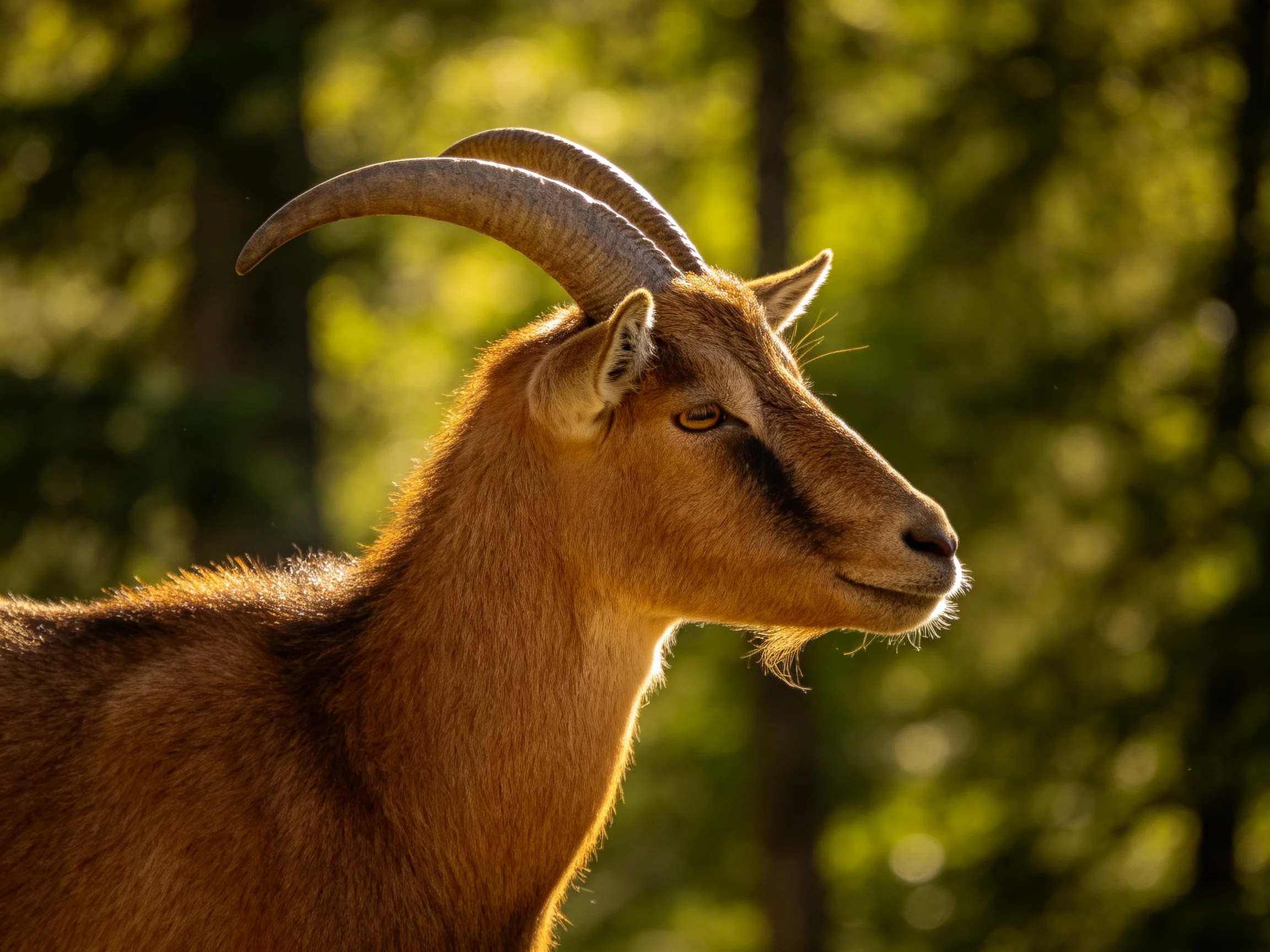 A golden-brown goat with curved horns is shown in profile amid sunlit trees.