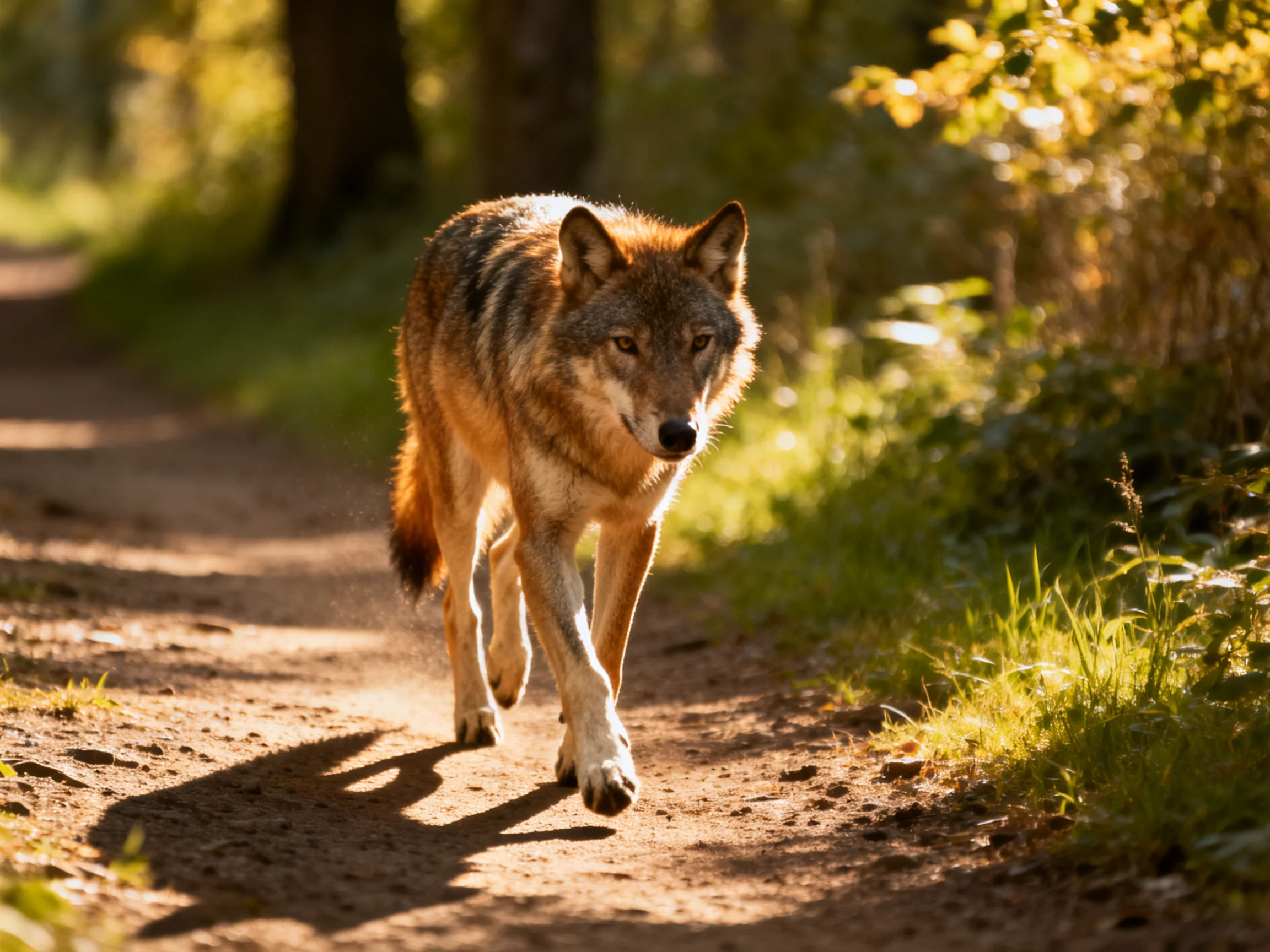 A golden-brown wolf traverses a sunlit forest path