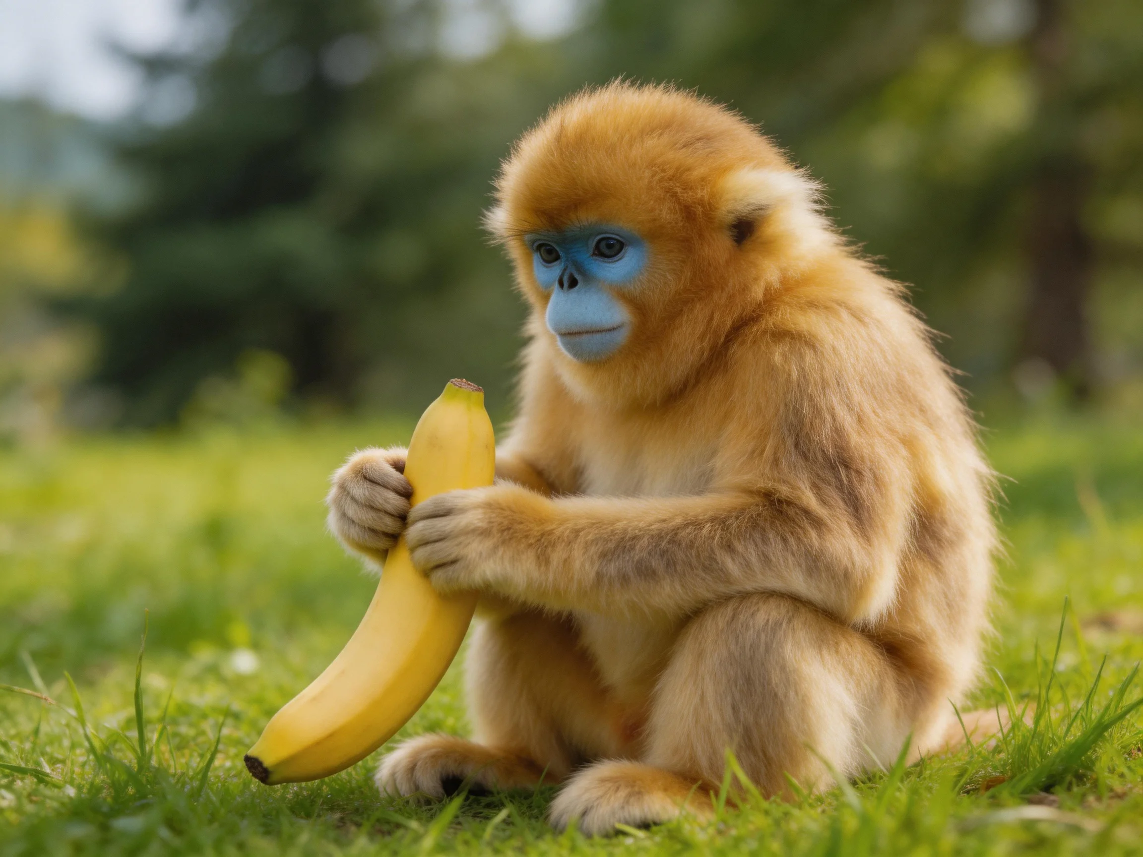 A golden-furred monkey with blue facial markings holds a yellow banana in a green meadow