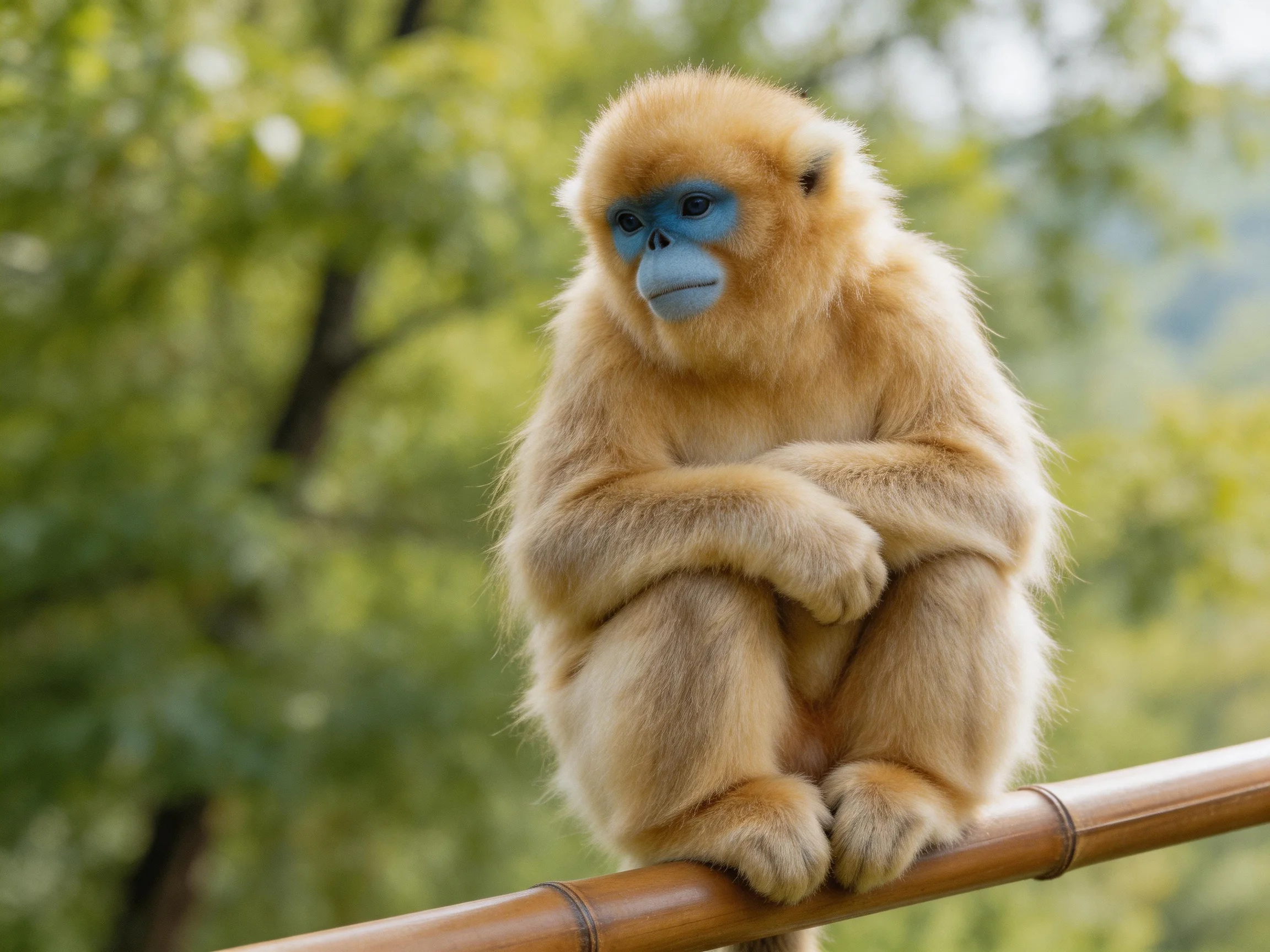 A golden-furred monkey with blue facial markings perches on a bamboo pole