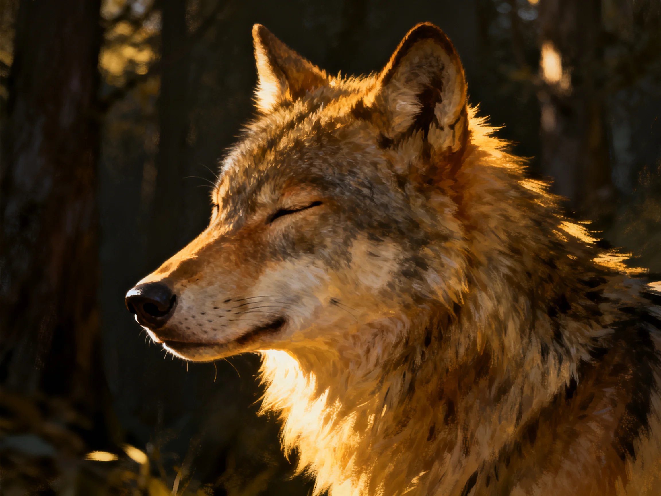 A golden-furred wolf rests peacefully in a sunlit forest.