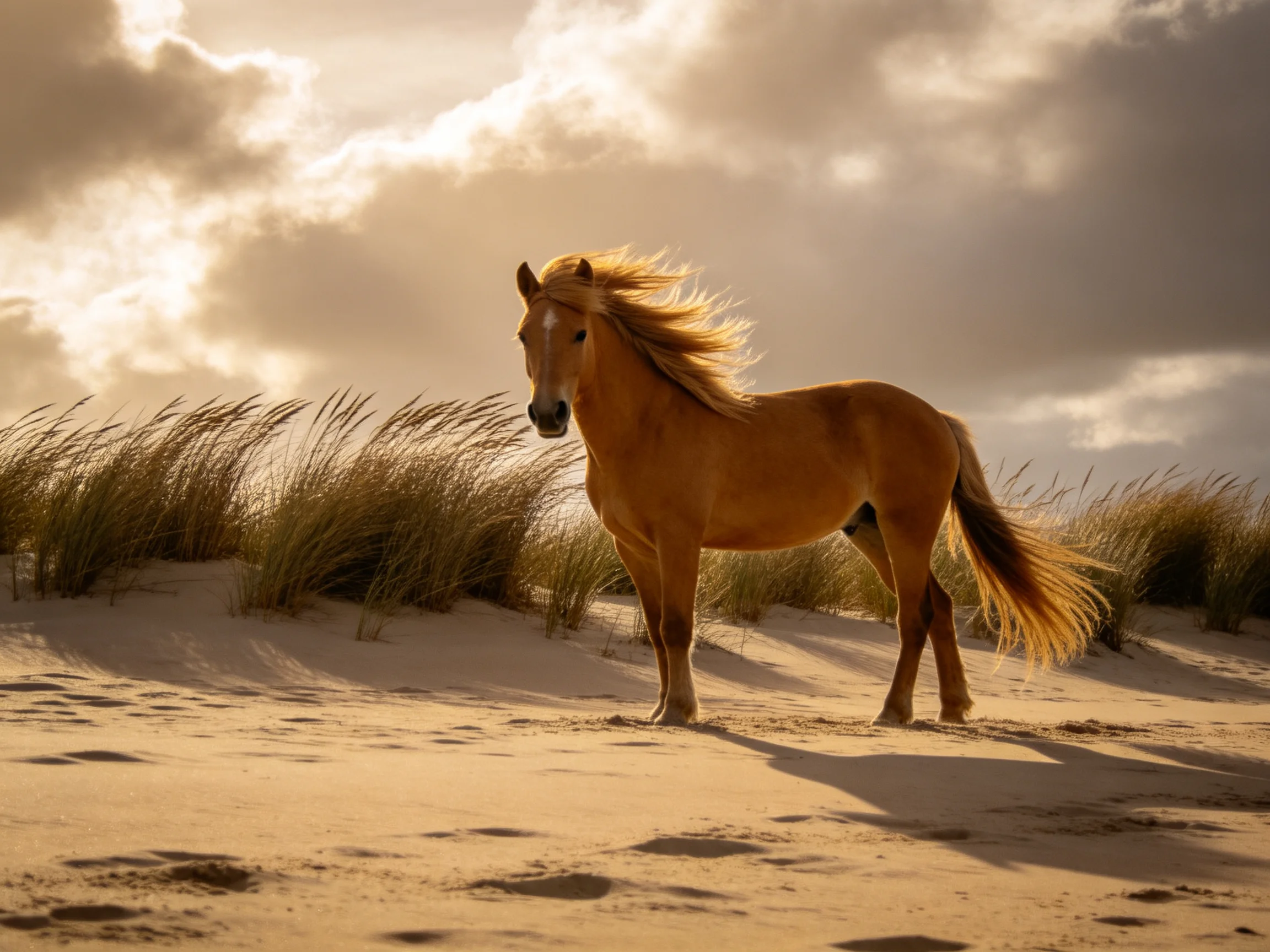 A golden horse on sunlit sand dunes with tall grasses