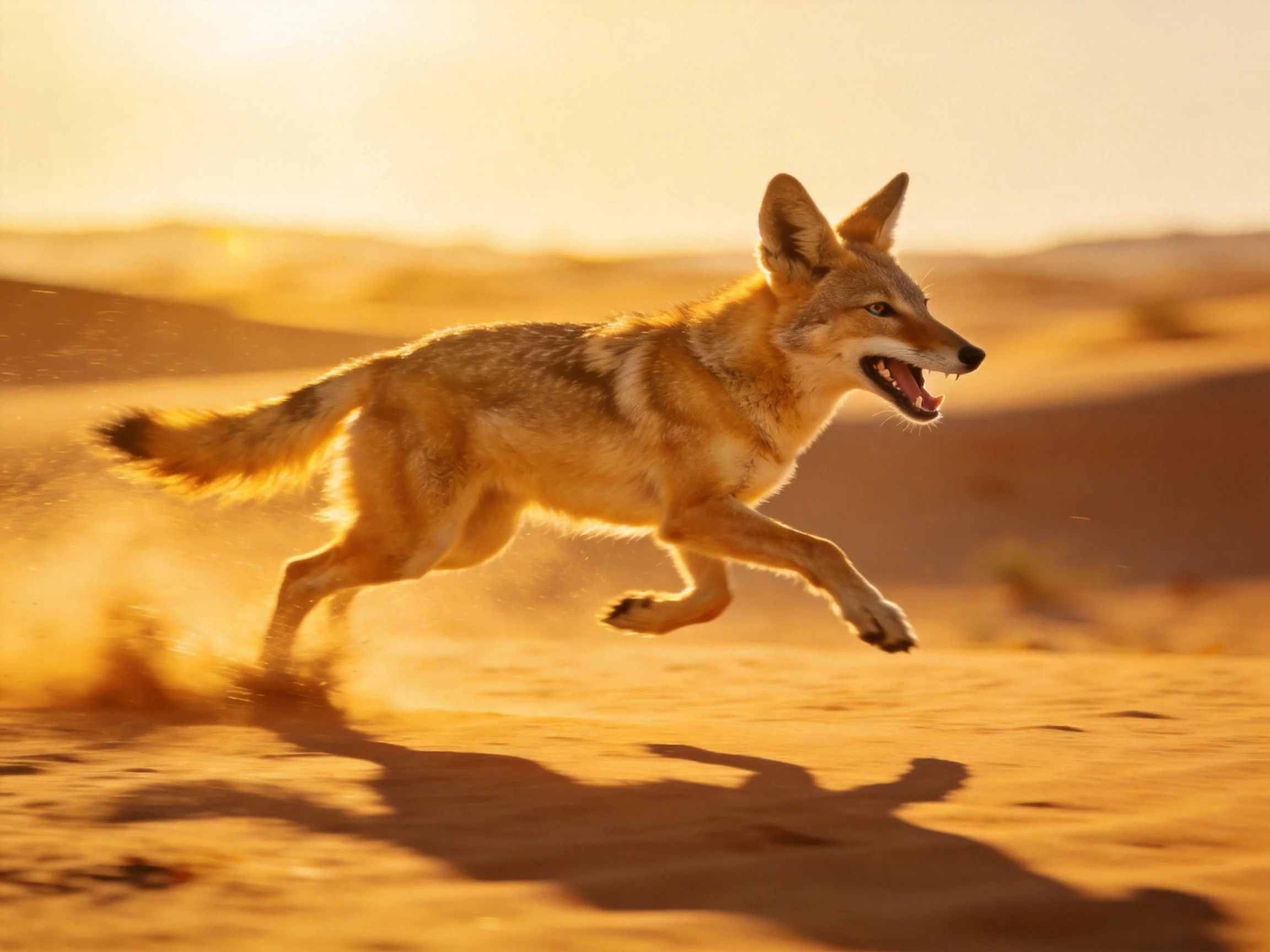 A golden-hued canine sprinting through sunlit desert terrain
