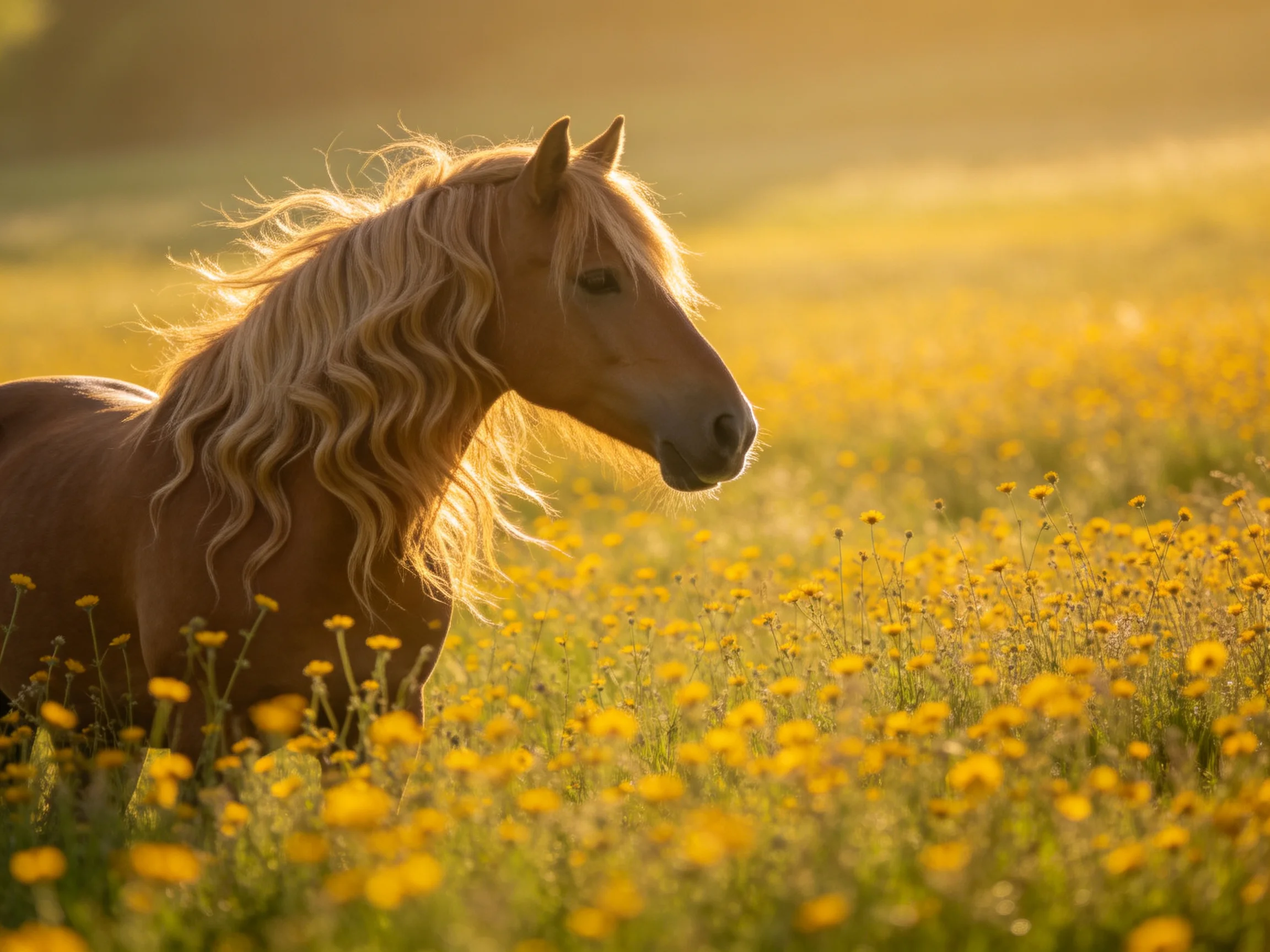 A horse stands in a sunlit field of yellow wildflowers