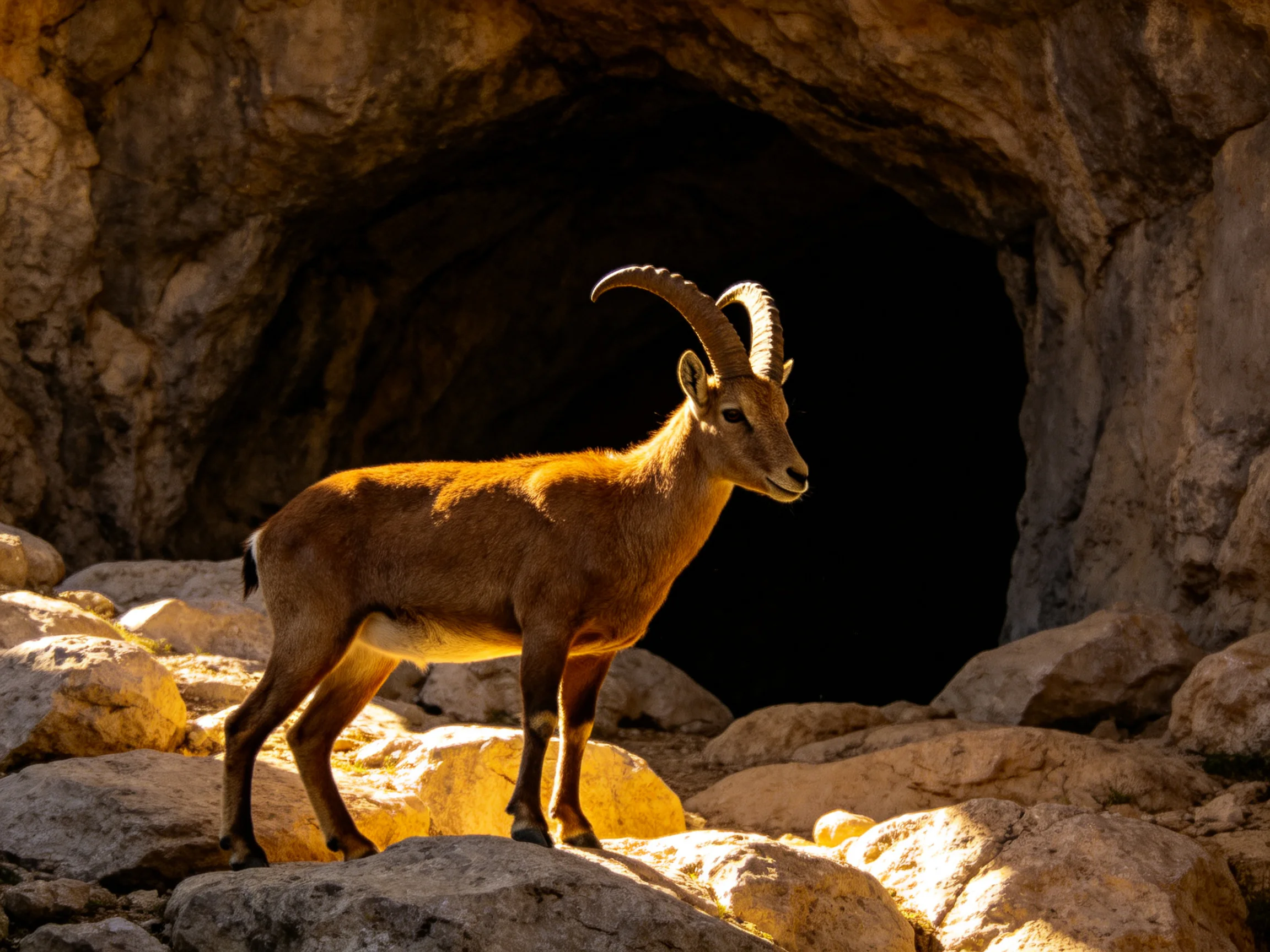 A golden-hued ibex stands before a dark rocky cave entrance