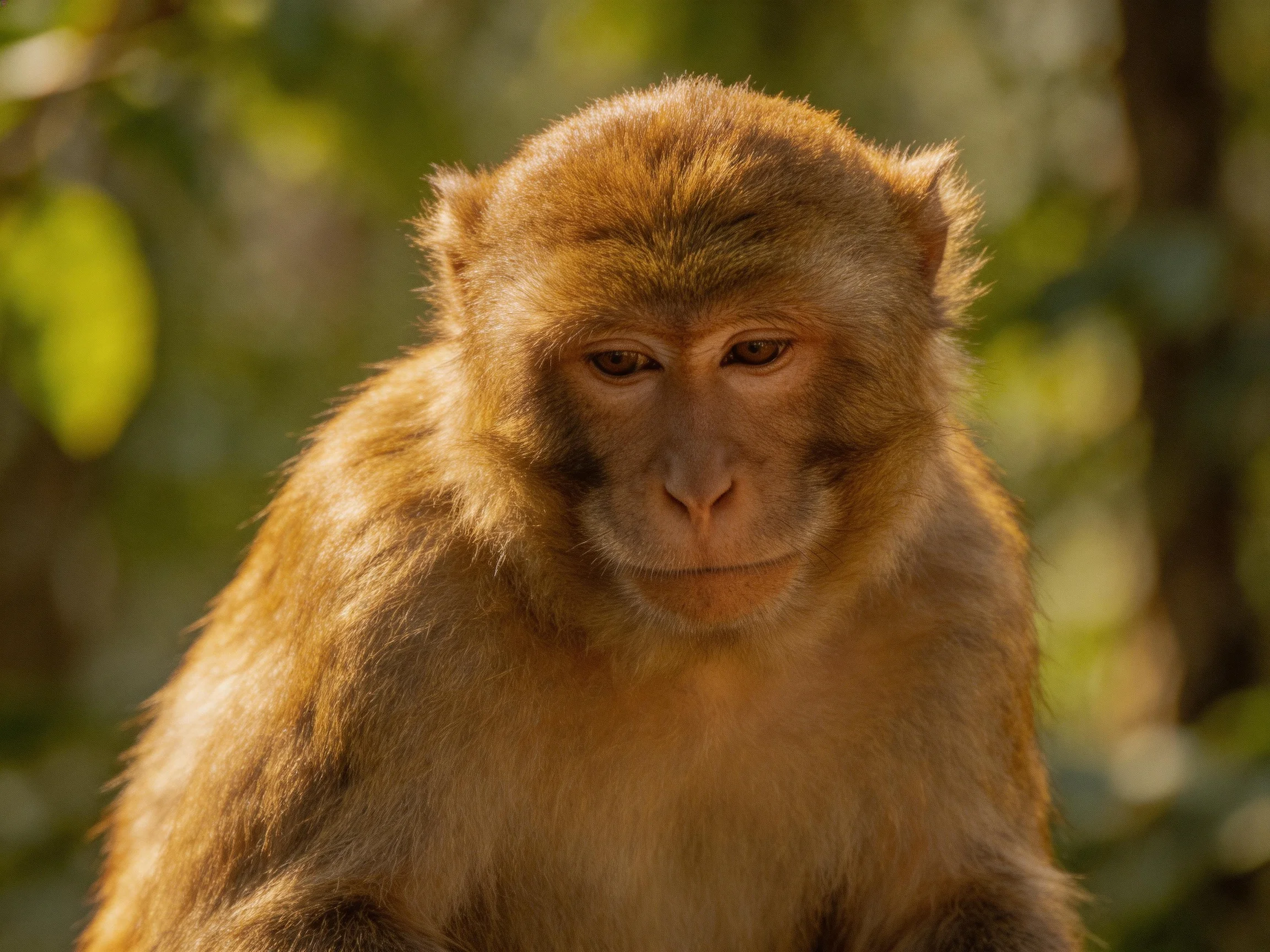A golden-hued monkey in a sunlit forest environment