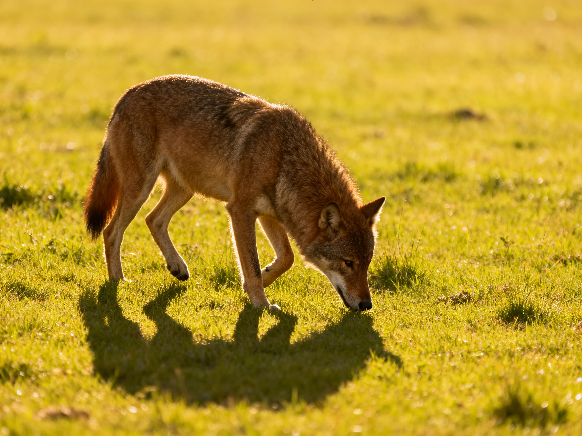 A golden-hued wild canine sniffs the sunlit grassy field.