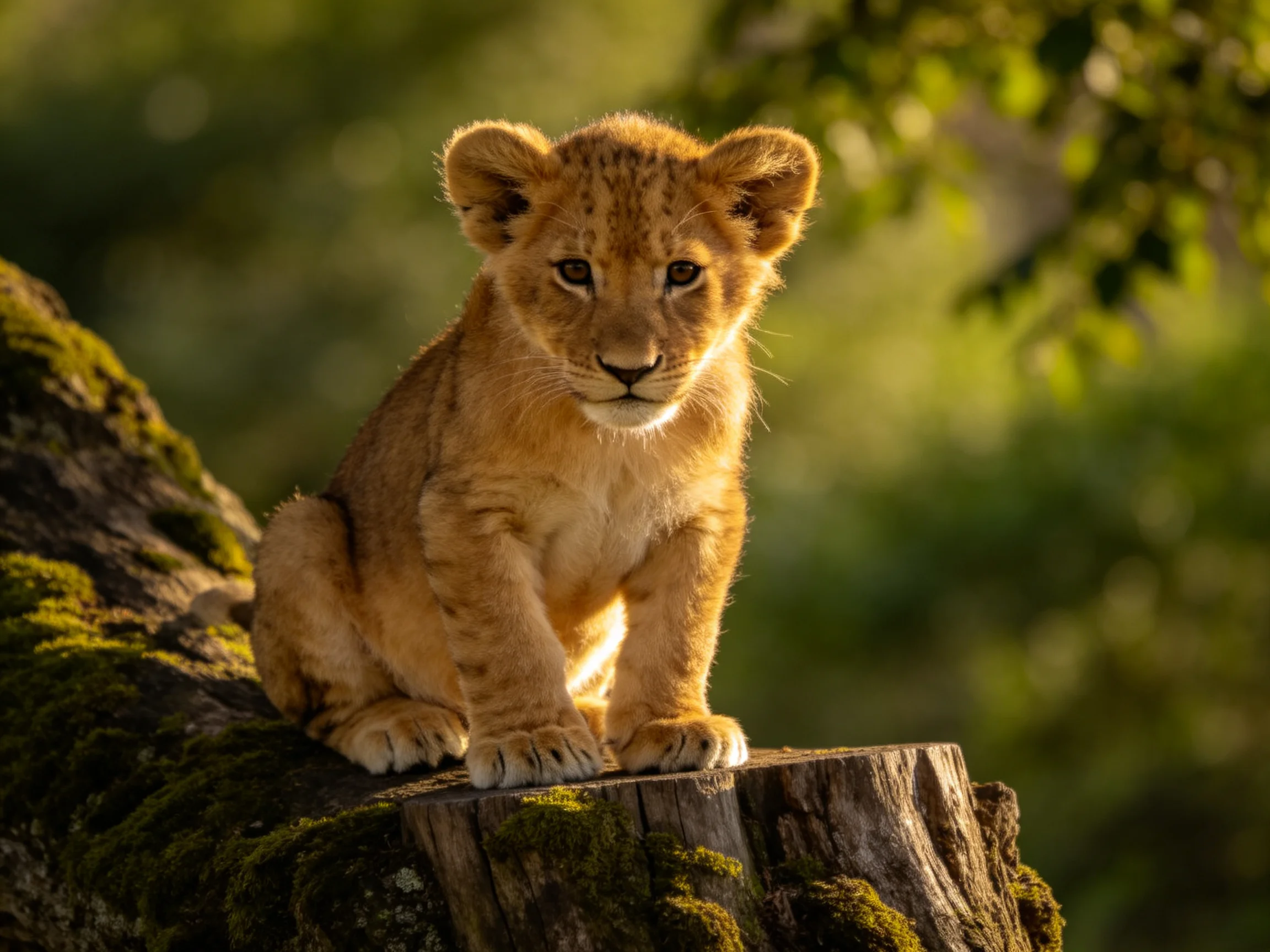 A golden lion cub perched on a moss-covered tree stump