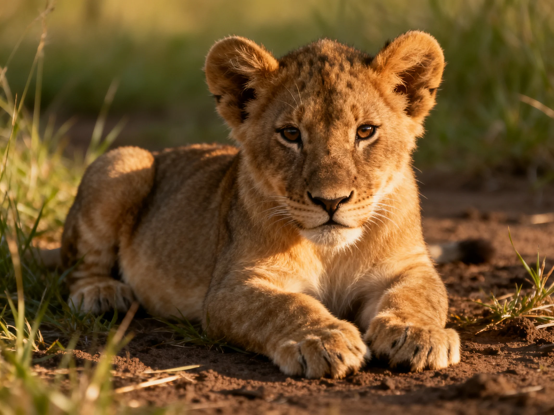A golden lion cub resting on earthy ground amid greenery