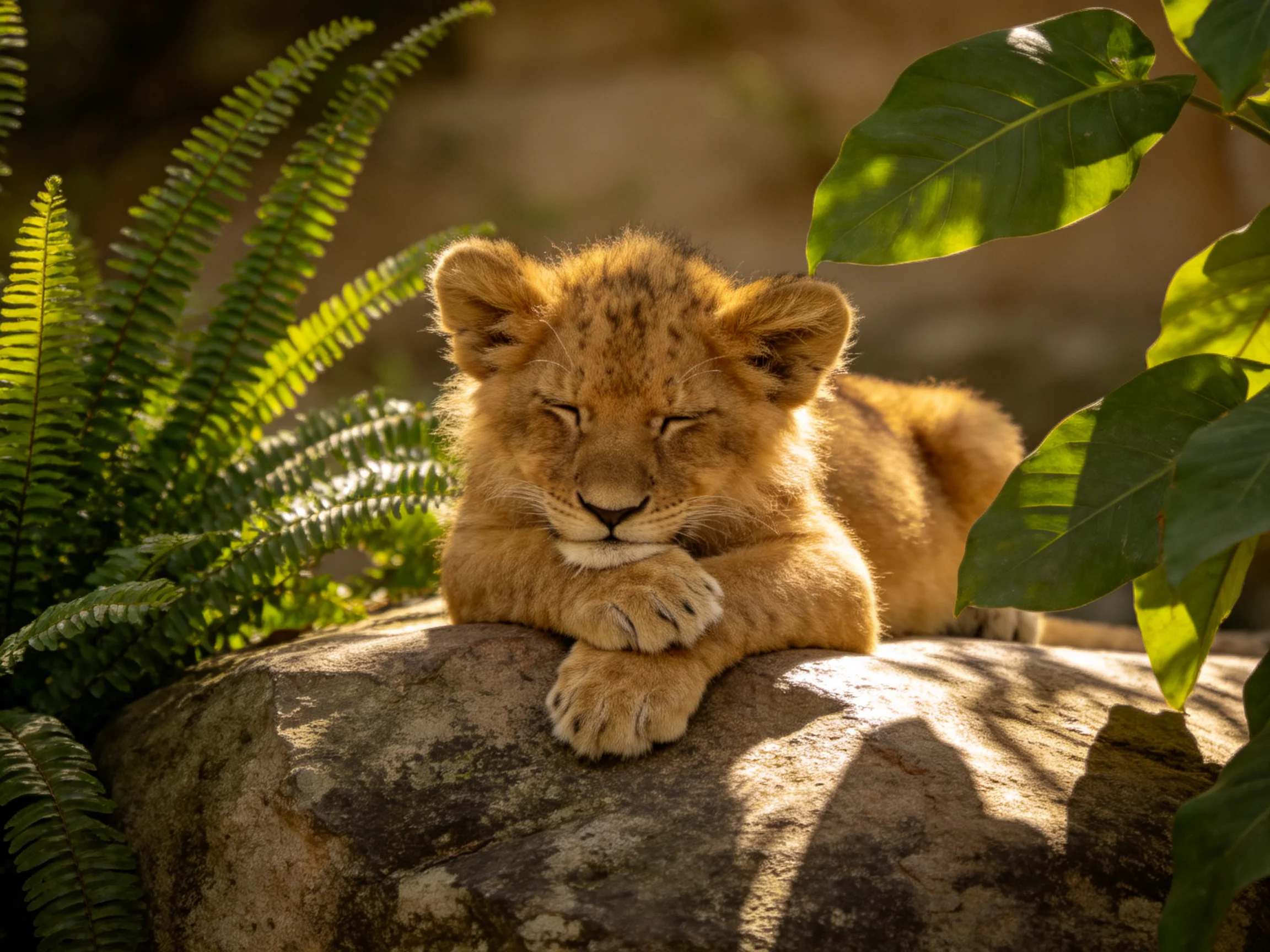 A golden lion cub sleeps on a rock surrounded by greenery