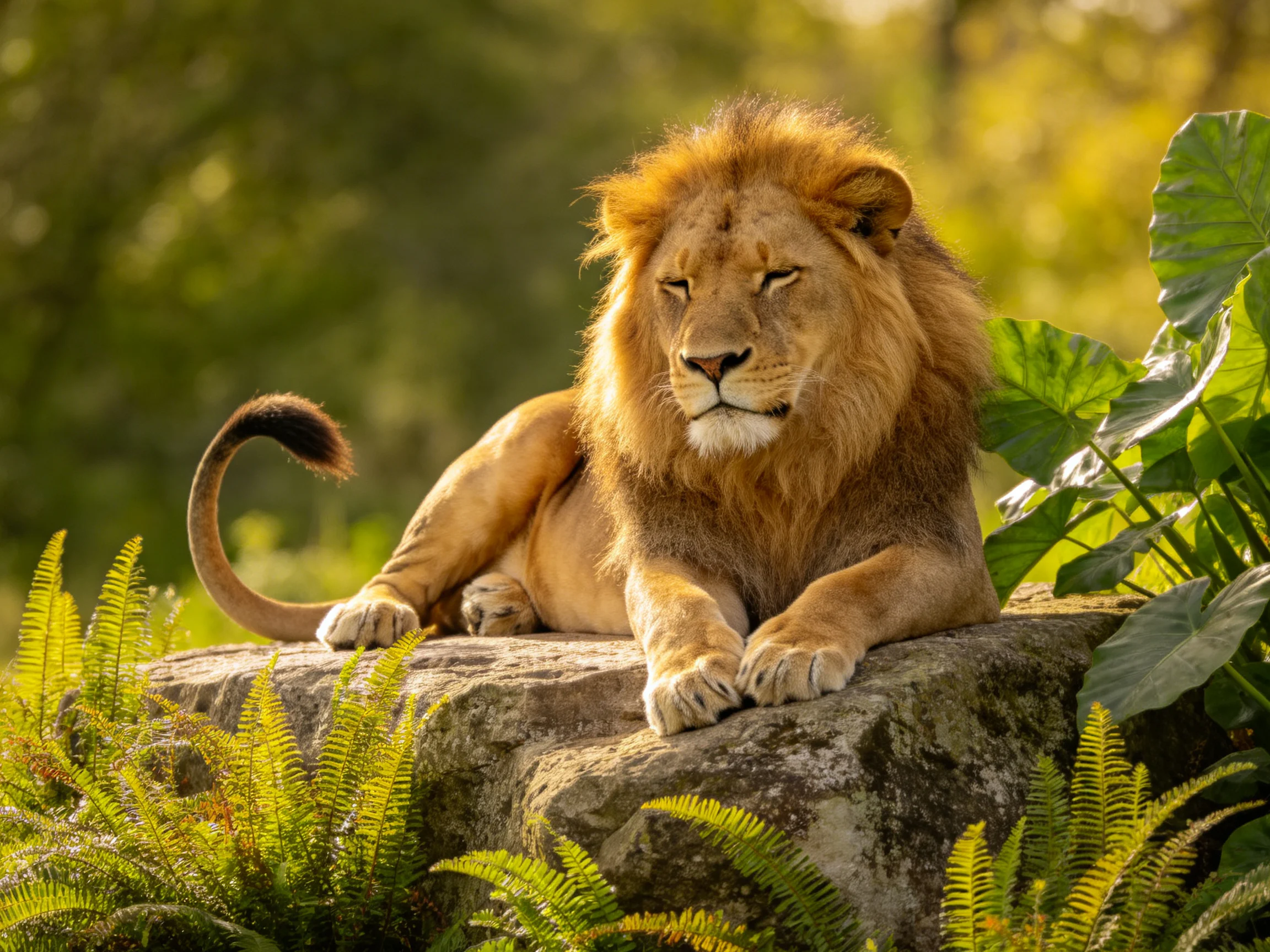 A lion relaxes on a rock surrounded by ferns and large leaves