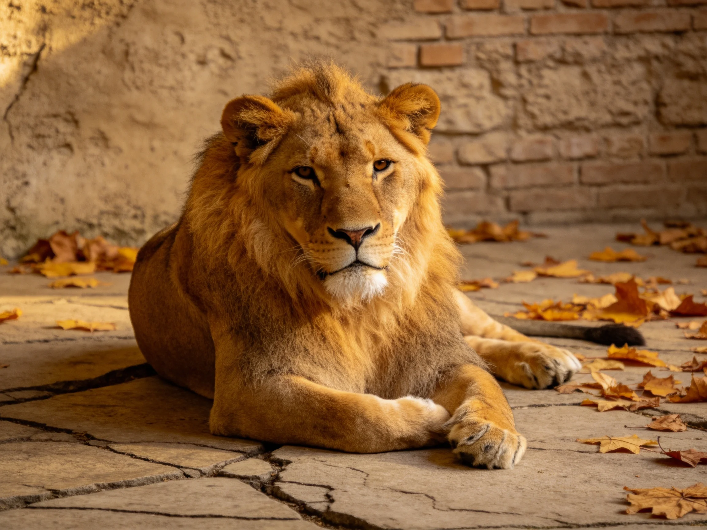 A golden lion rests amid scattered autumn leaves near a brick wall