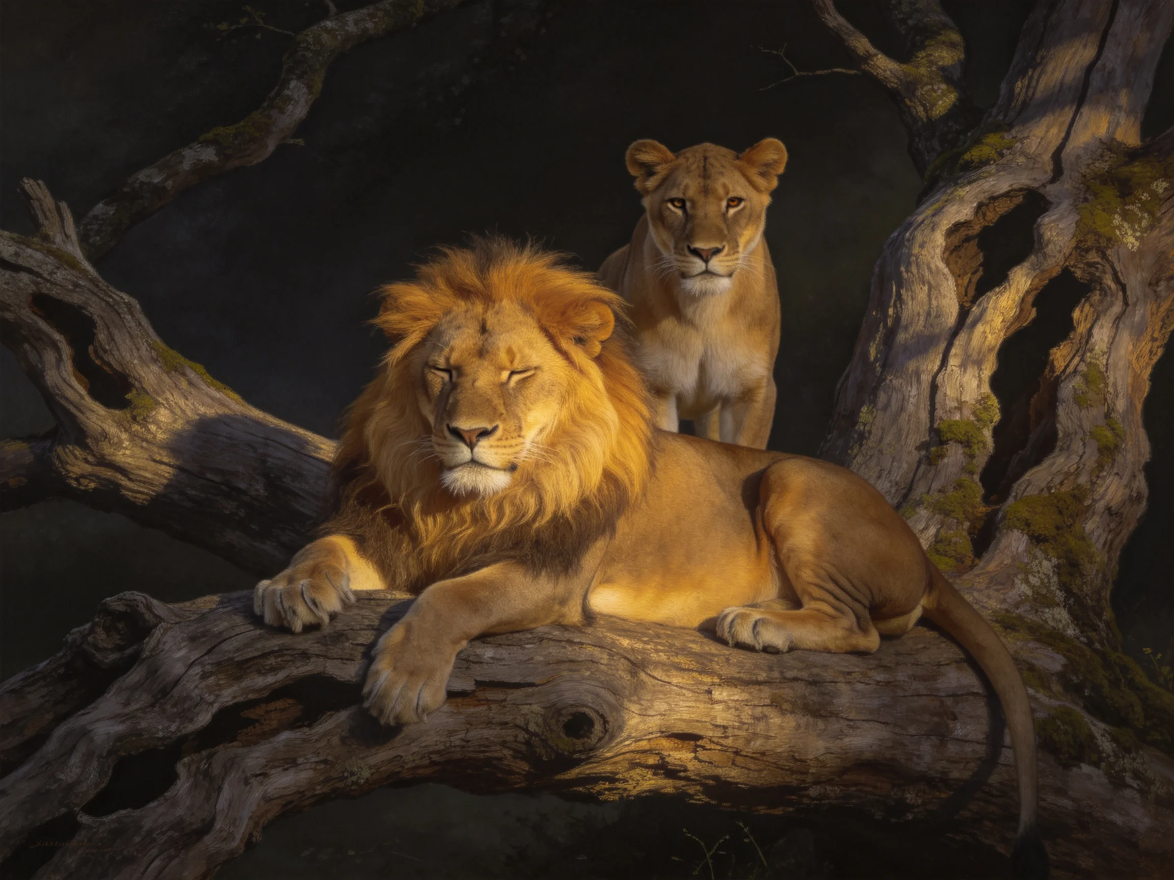 A lion rests on a branch while a lioness stands behind him in a shadowy forest setting.