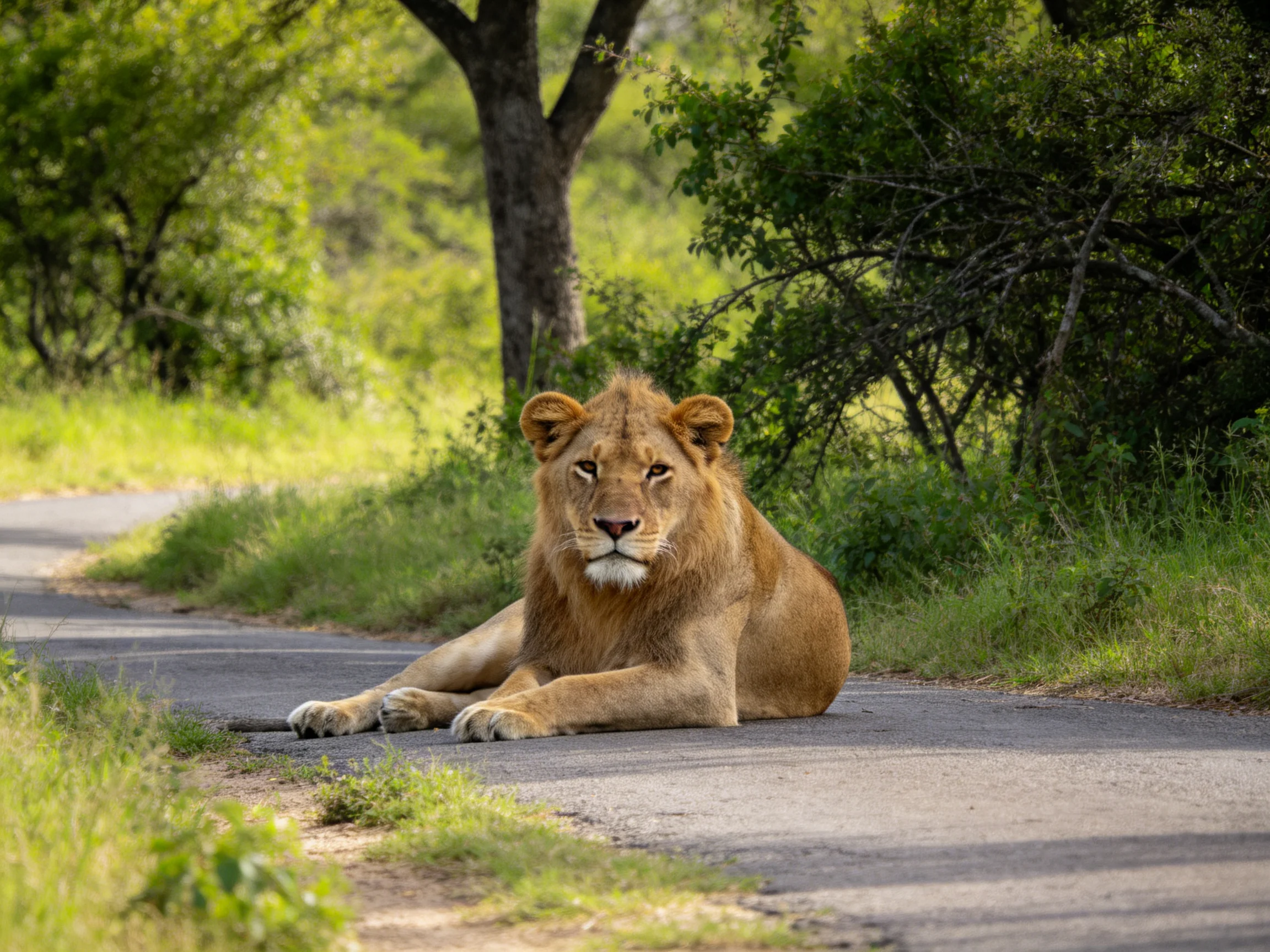 A golden lion rests on a paved path surrounded by lush greenery