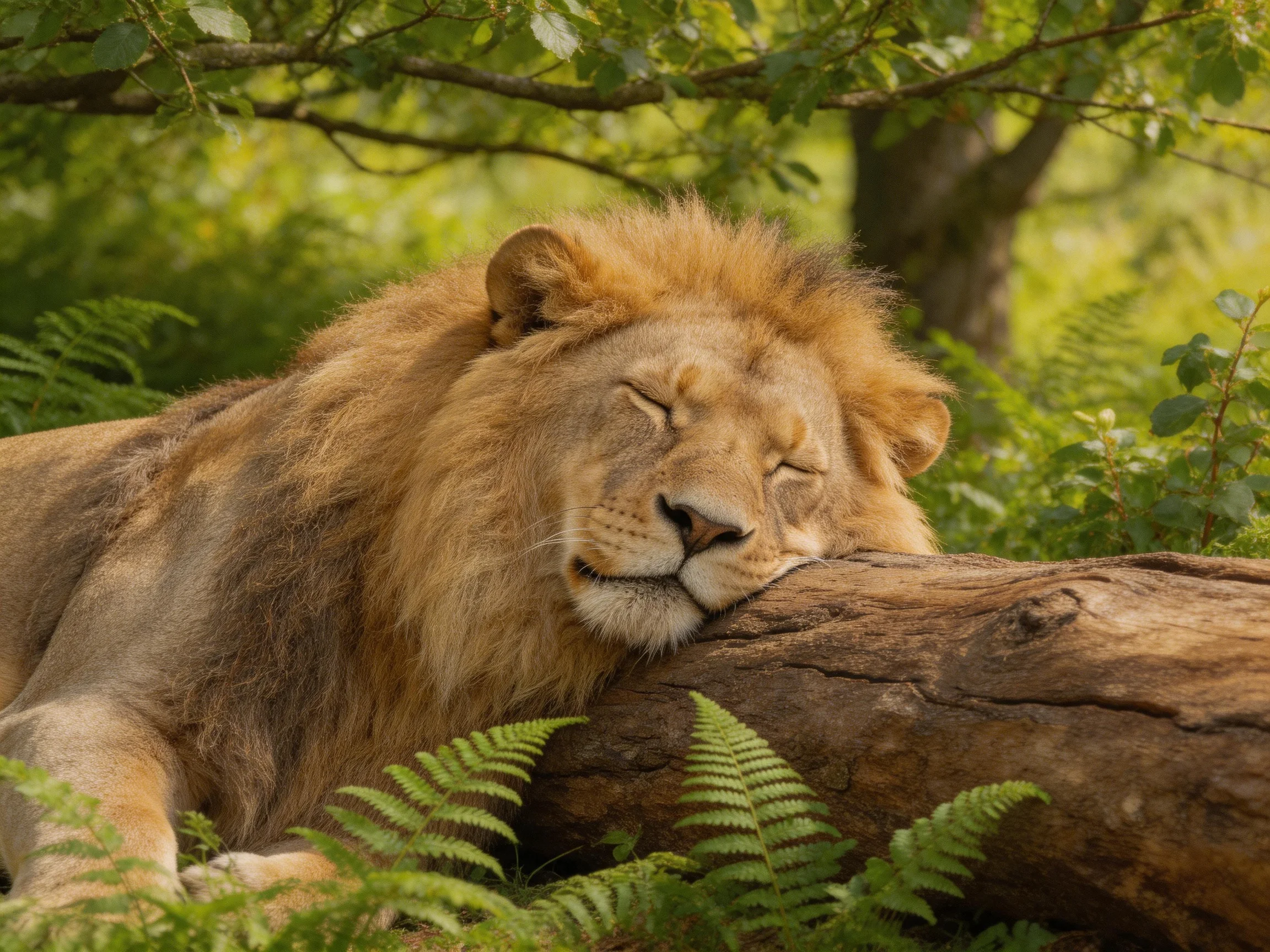 A lion sleeps peacefully on a log surrounded by dense greenery.