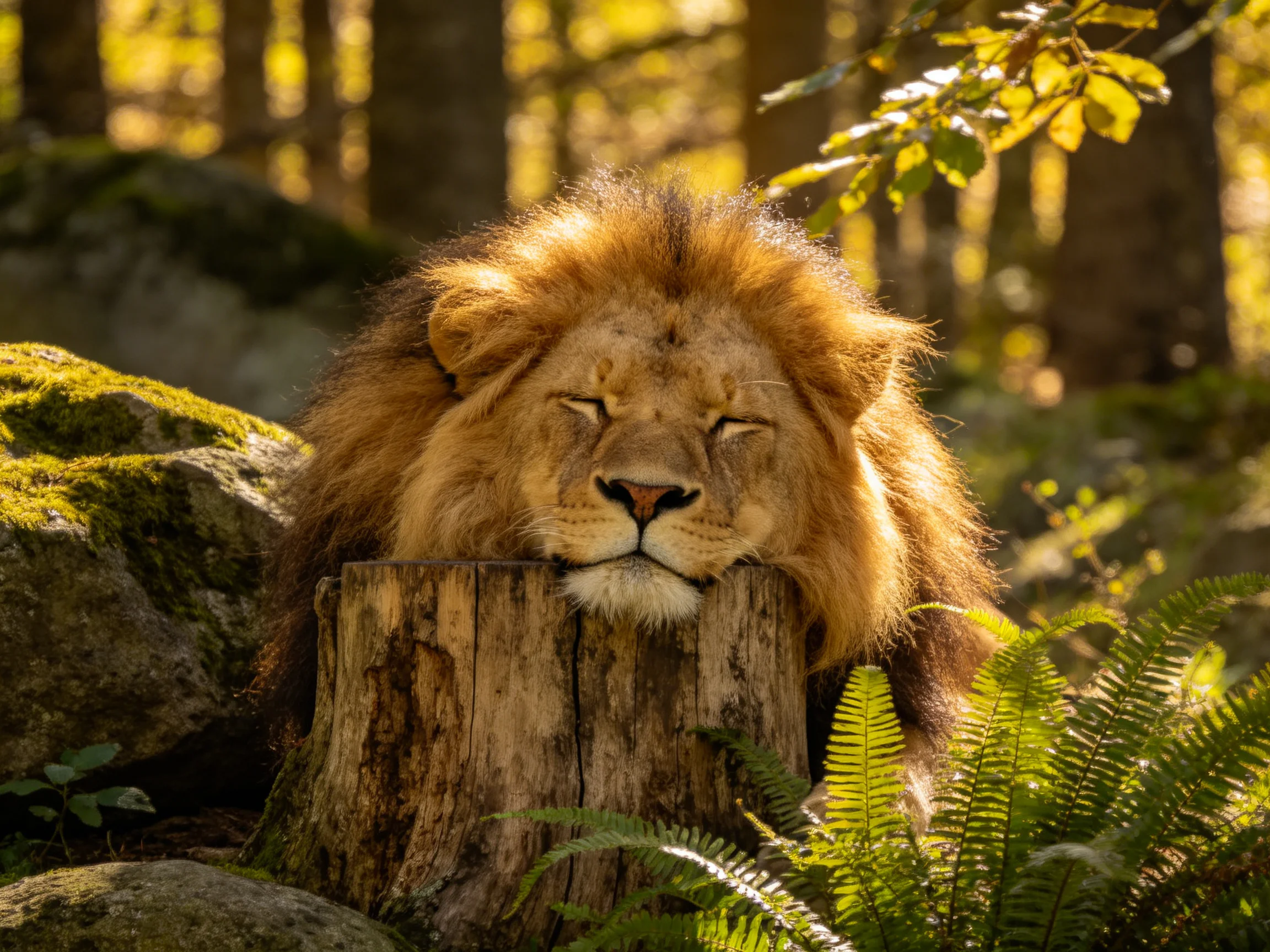 A lion sleeps peacefully on a tree stump surrounded by natural elements.