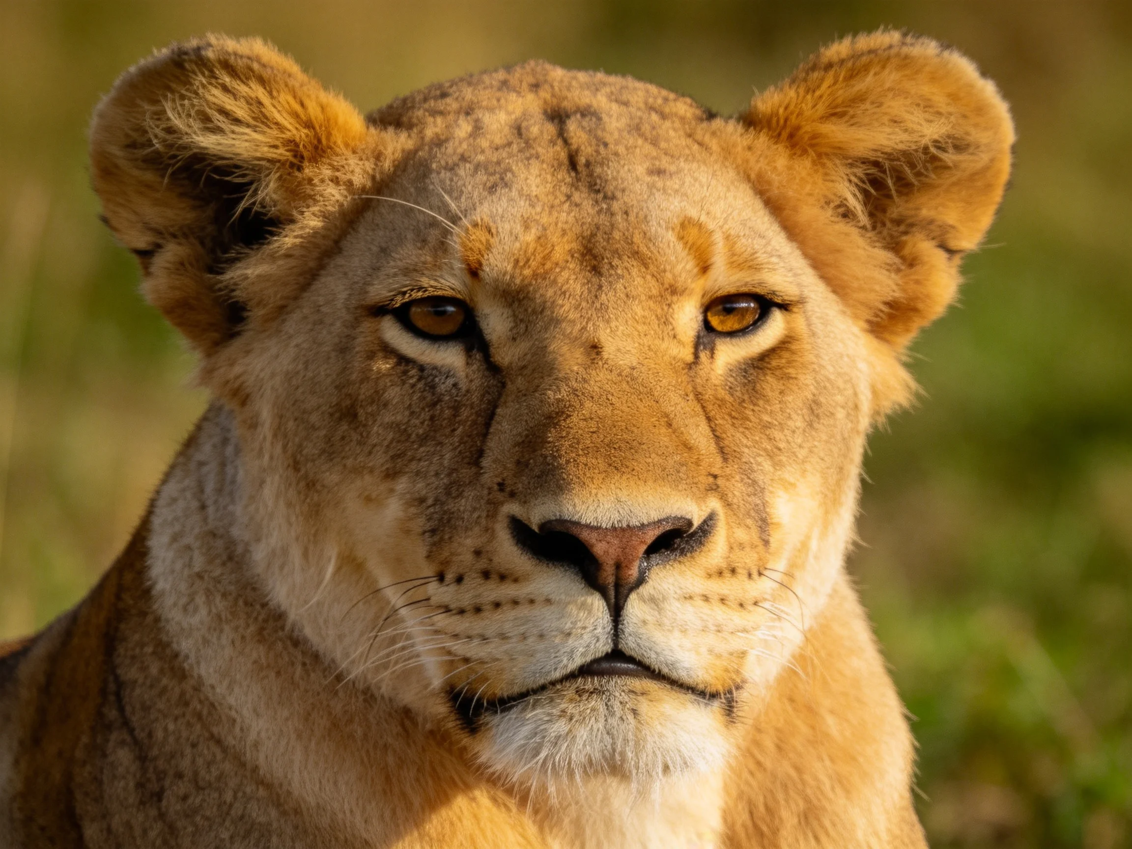 A golden lioness gazes intently in a sunlit savannah
