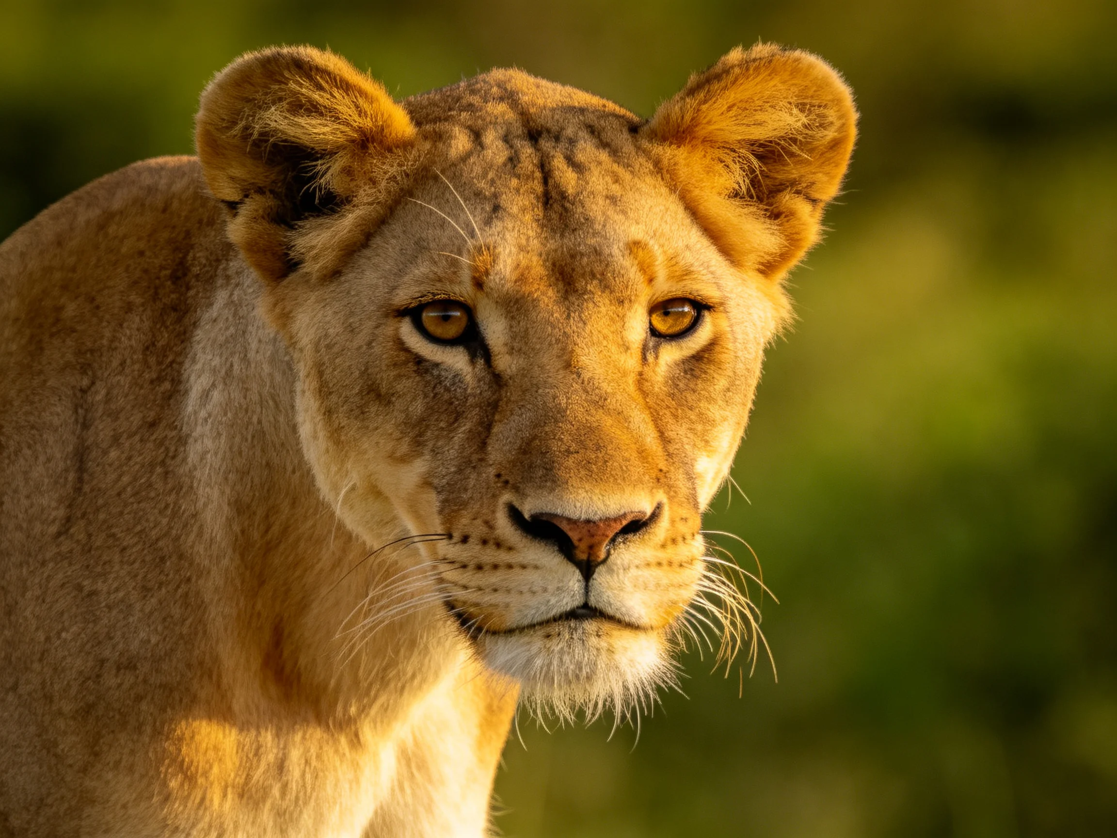 A golden lioness gazes intently with a blurred green background