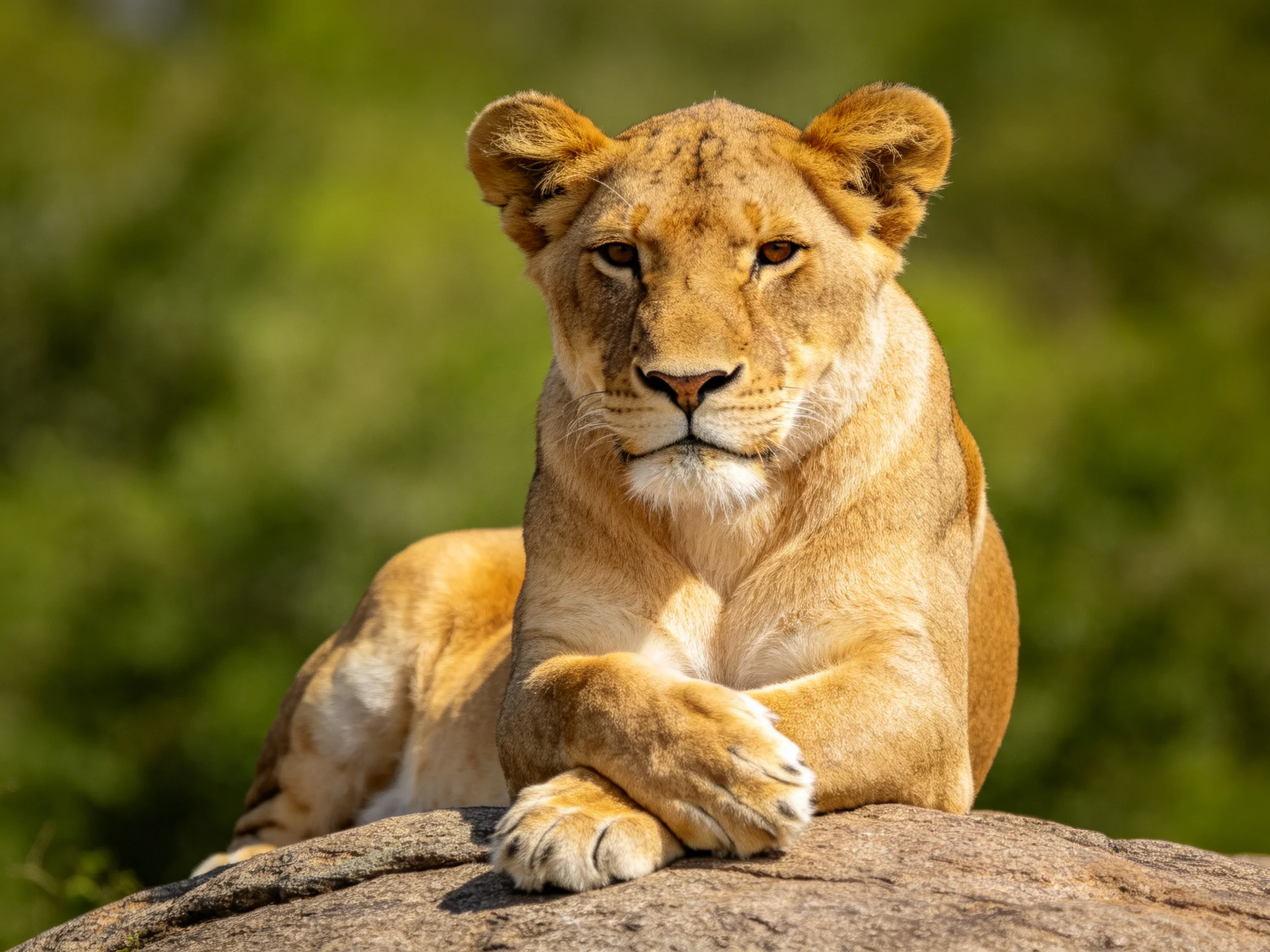 A golden lioness lounges on a large brown rock amid lush greenery.