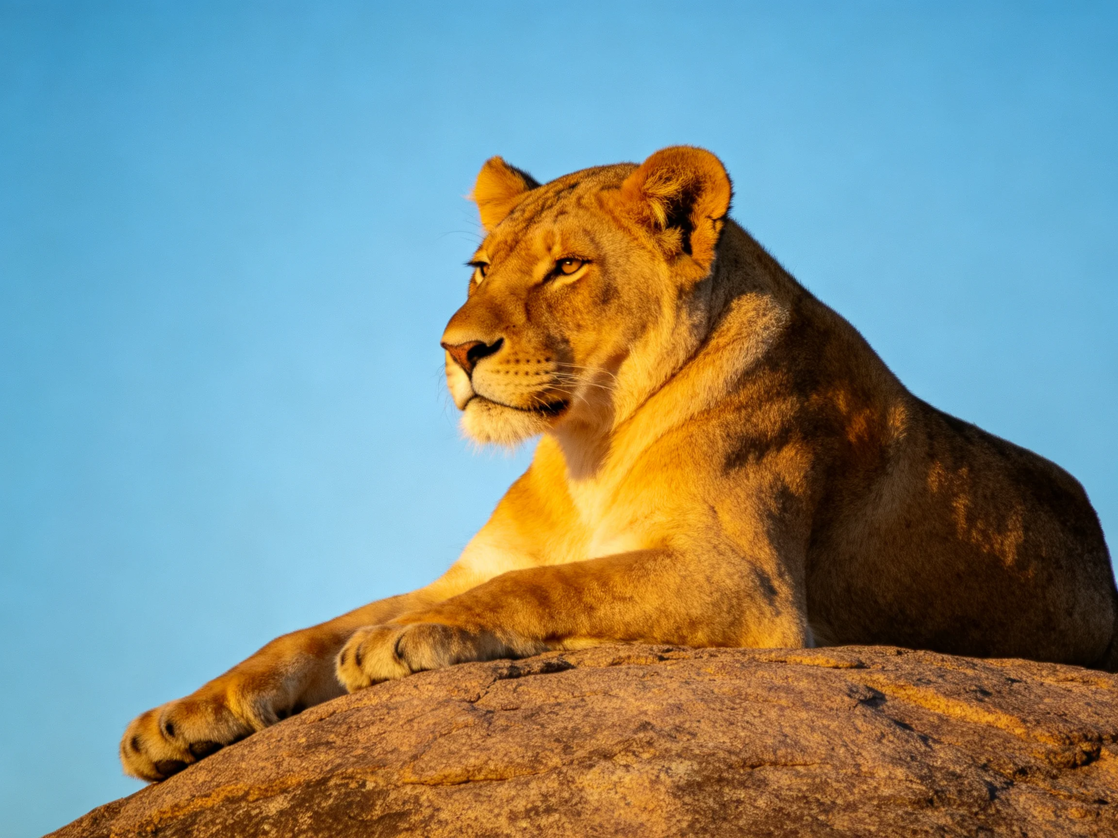 A golden lioness rests atop a brown rock beneath a clear blue sky