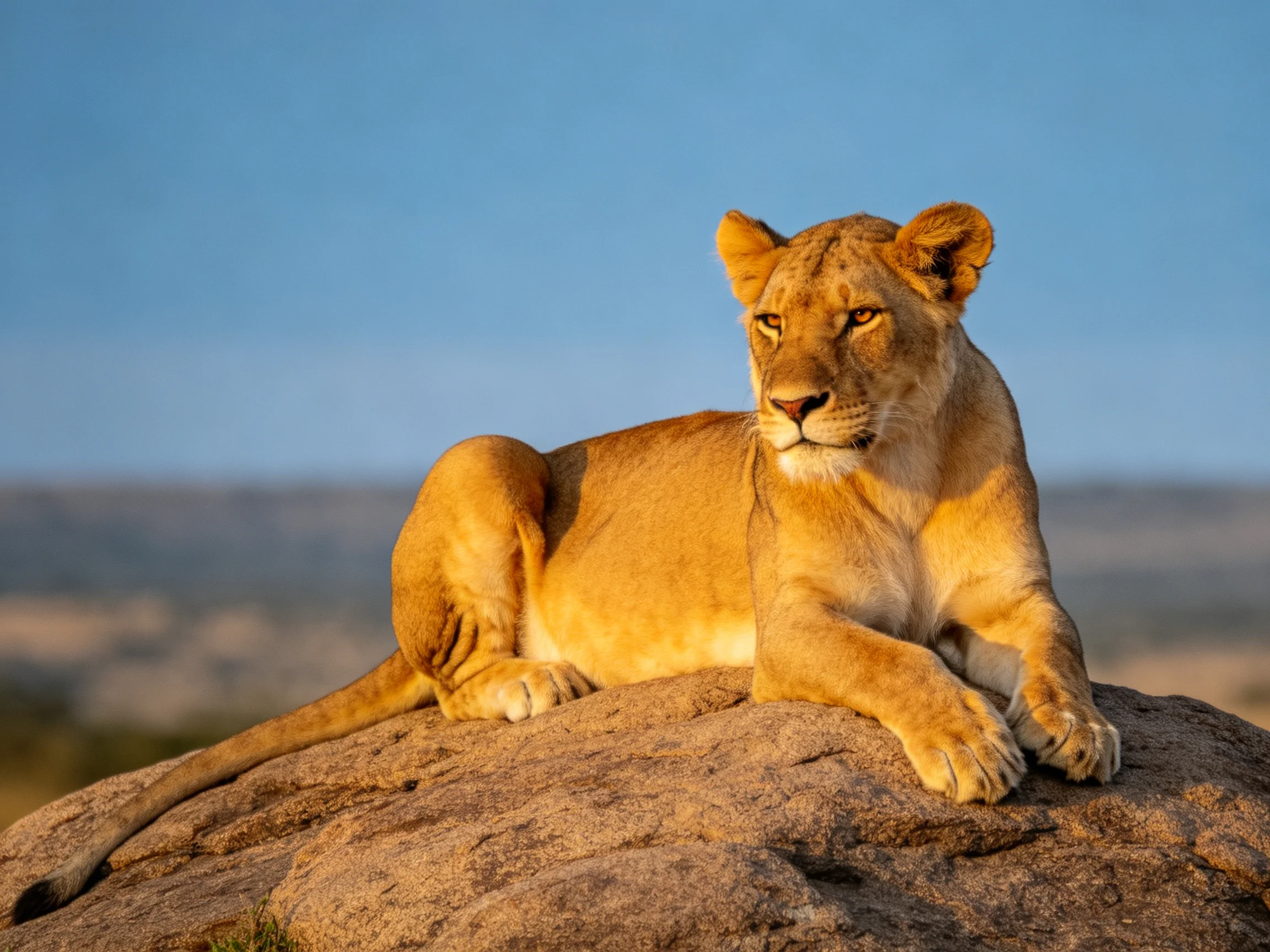 A golden lioness rests atop a large brown rock in bright daylight