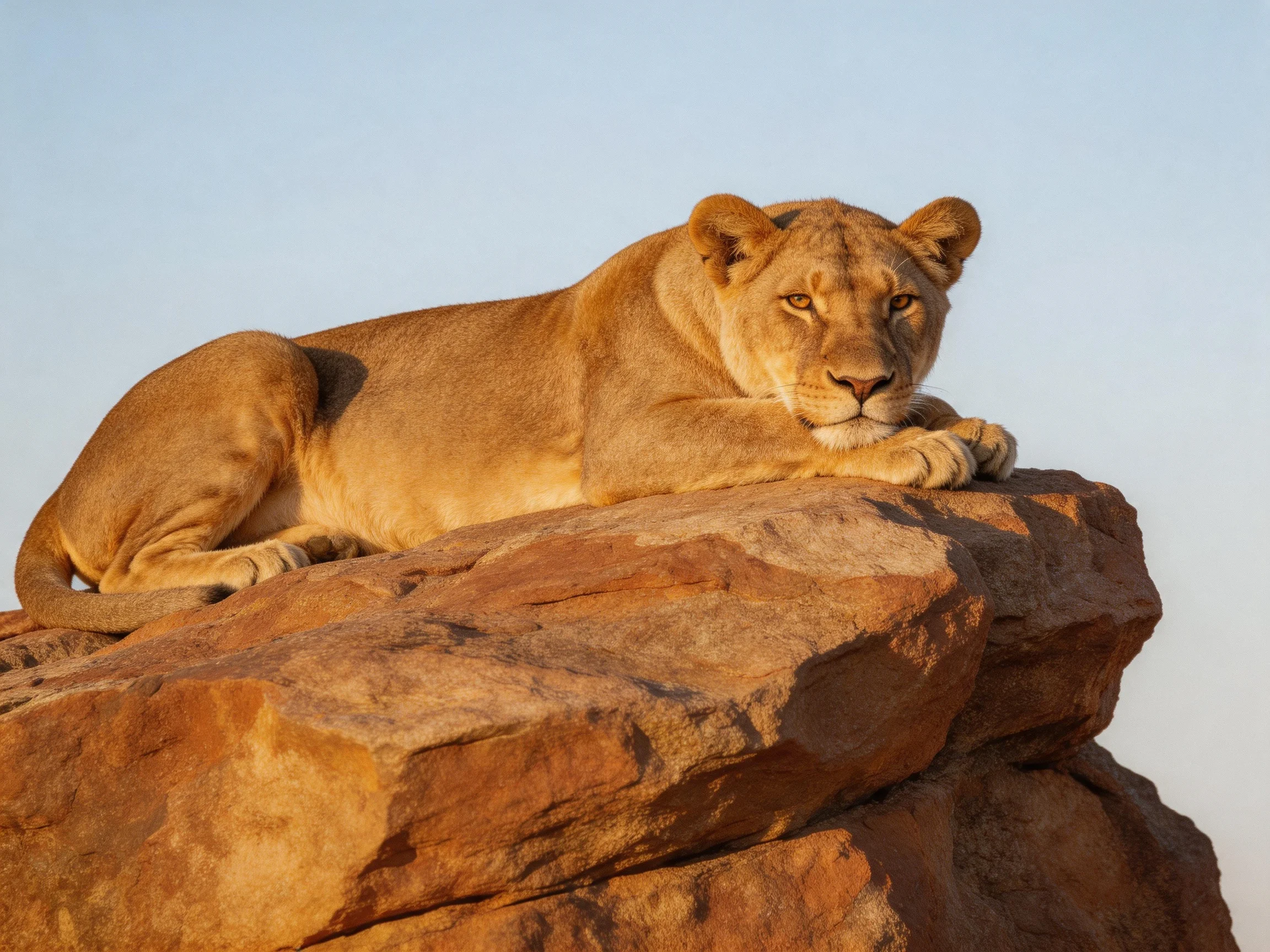 A golden lioness rests atop a reddish-brown rocky outcrop