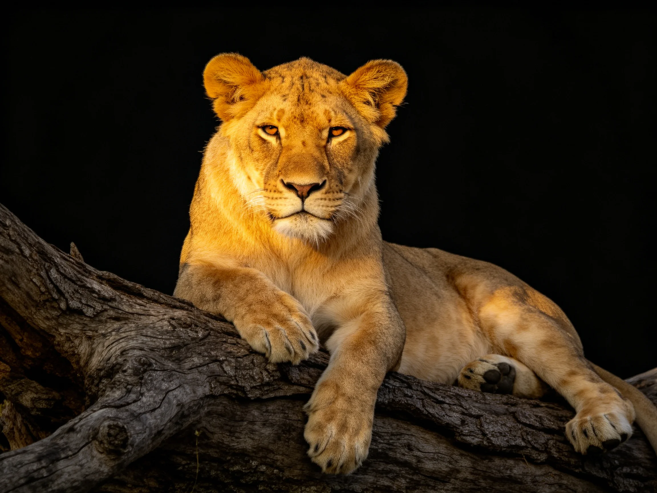 A golden lioness rests gracefully atop a gnarled tree trunk against a black backdrop