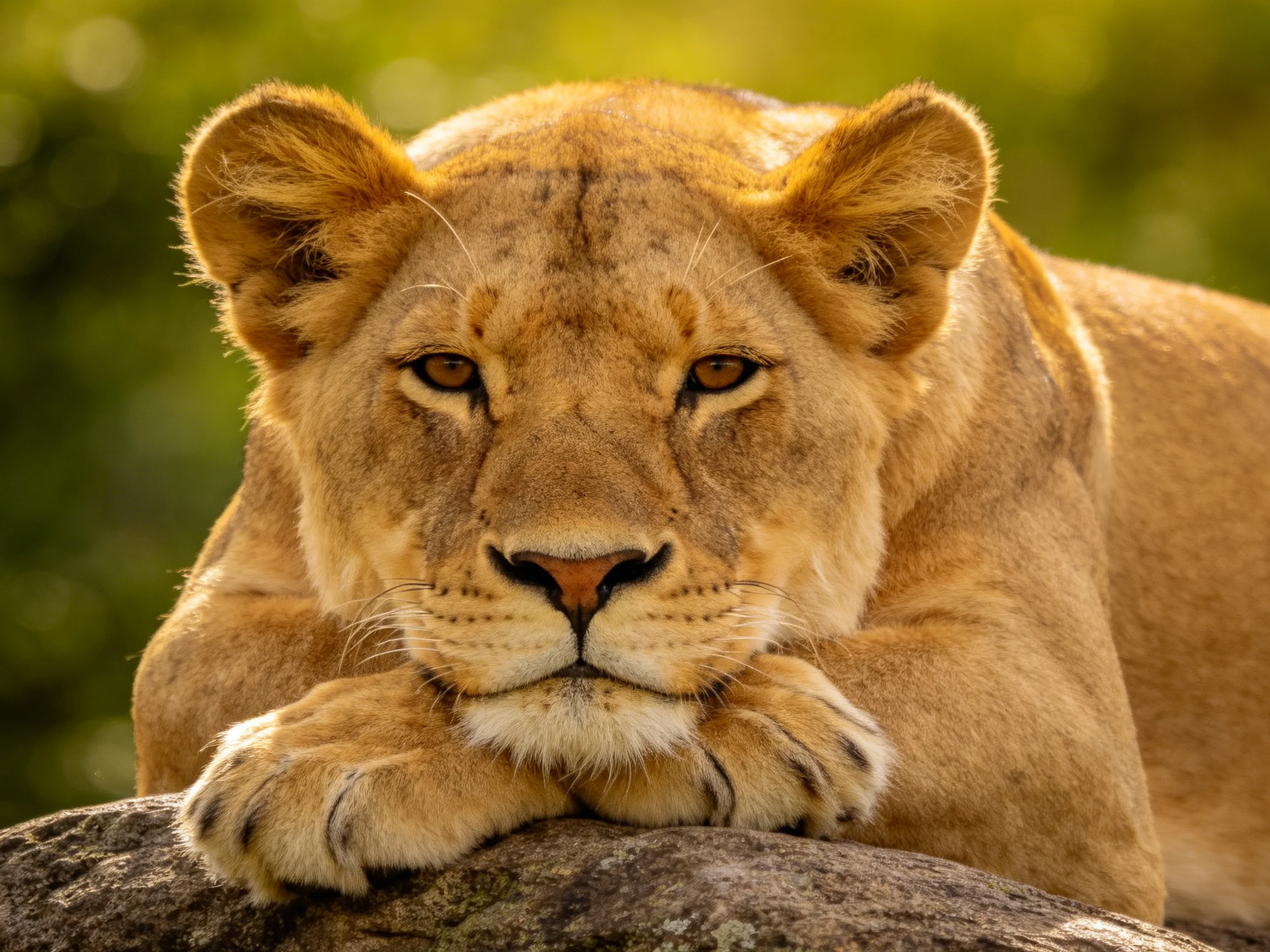 A golden lioness rests gracefully atop a moss-covered rock in a sunlit environment