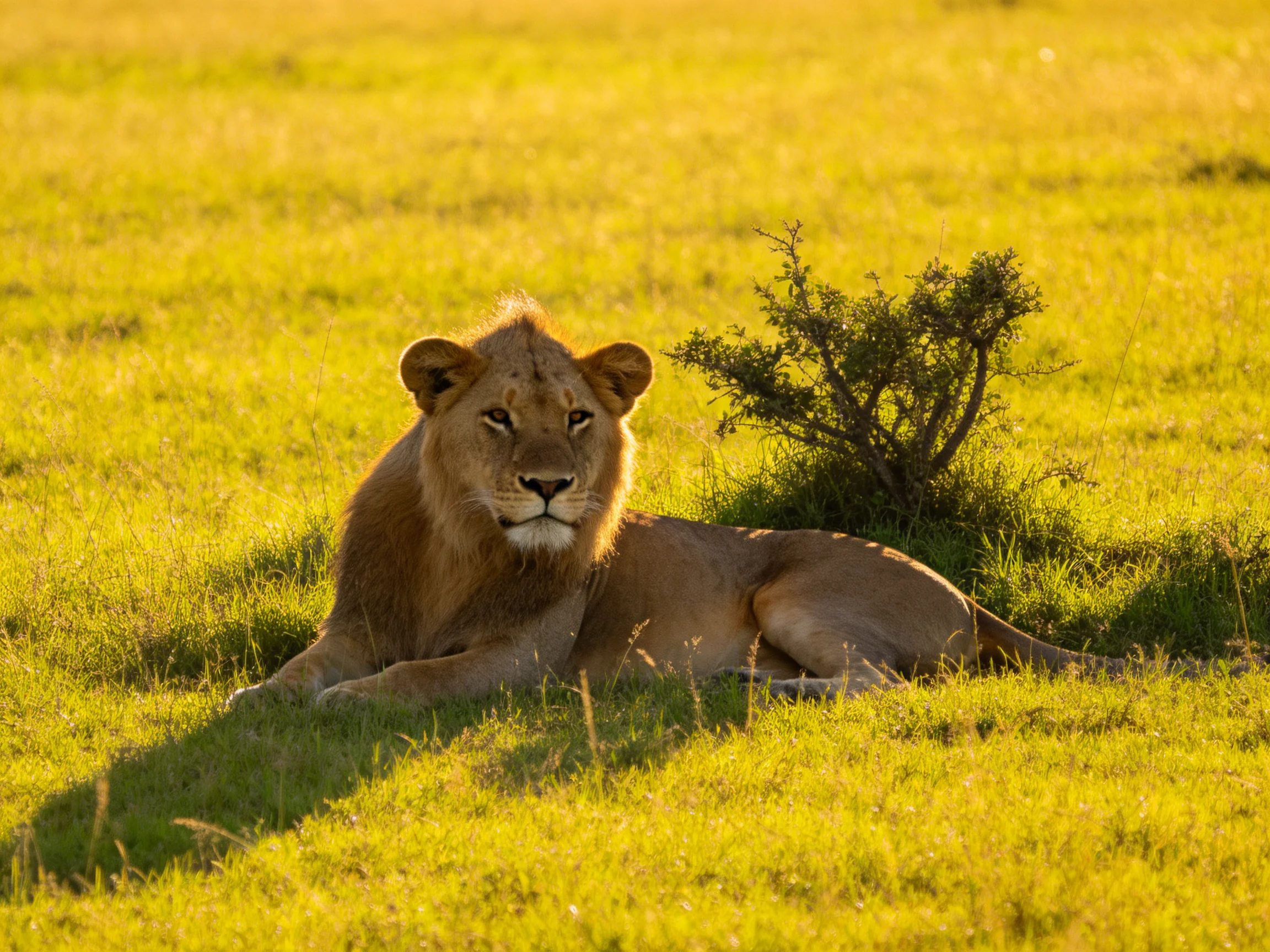 A golden lioness rests in sun-drenched savannah grassland