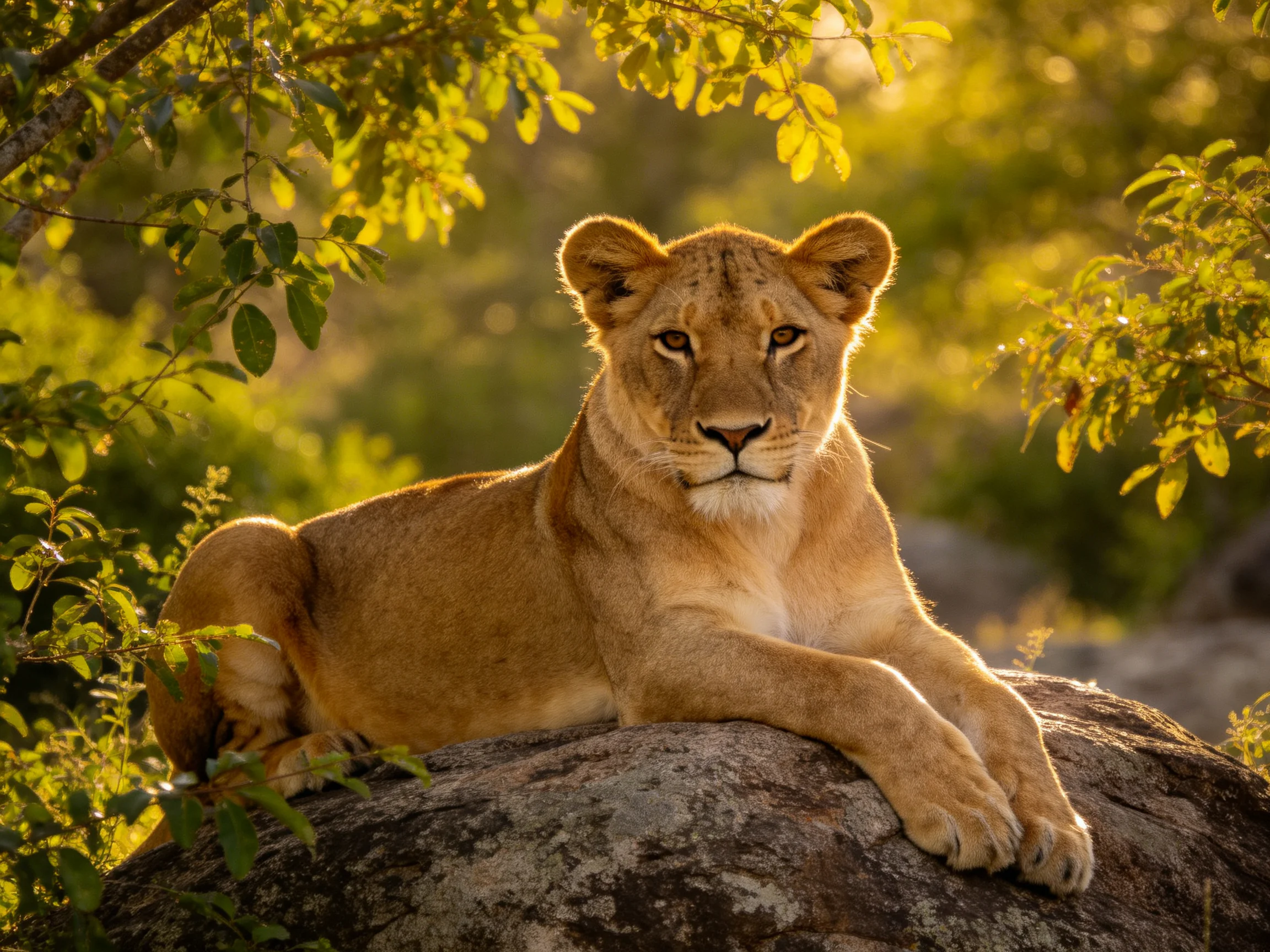 A golden lioness rests on a large rock amid lush green foliage