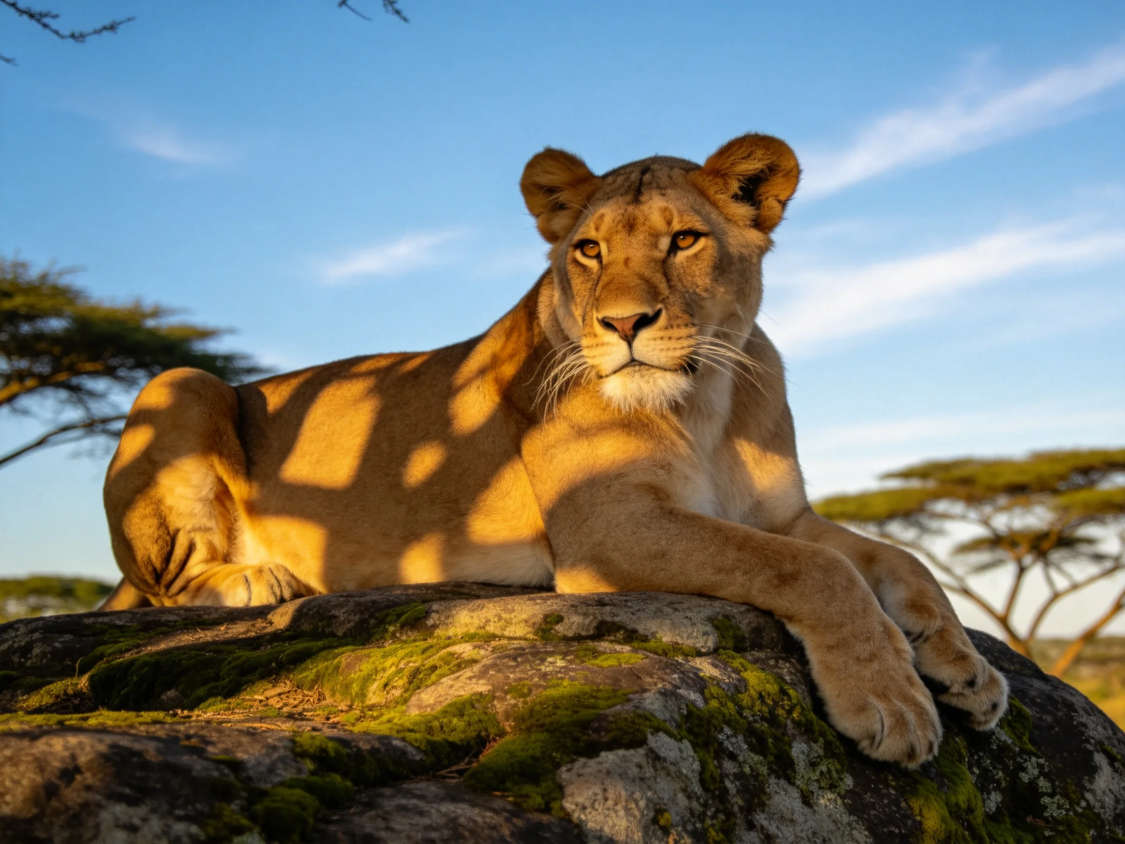 A golden lioness rests on a moss-covered rock in the savannah