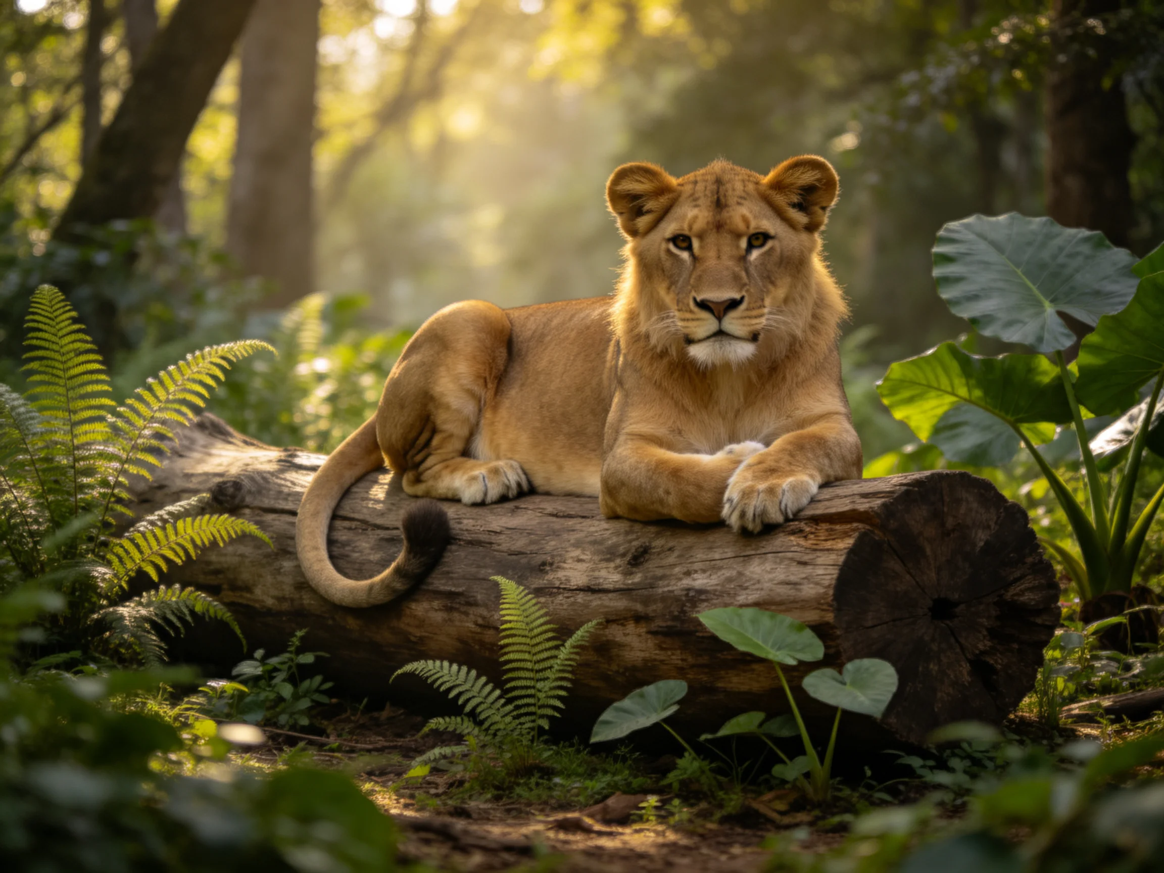 A golden lioness rests on a weathered log amid lush greenery