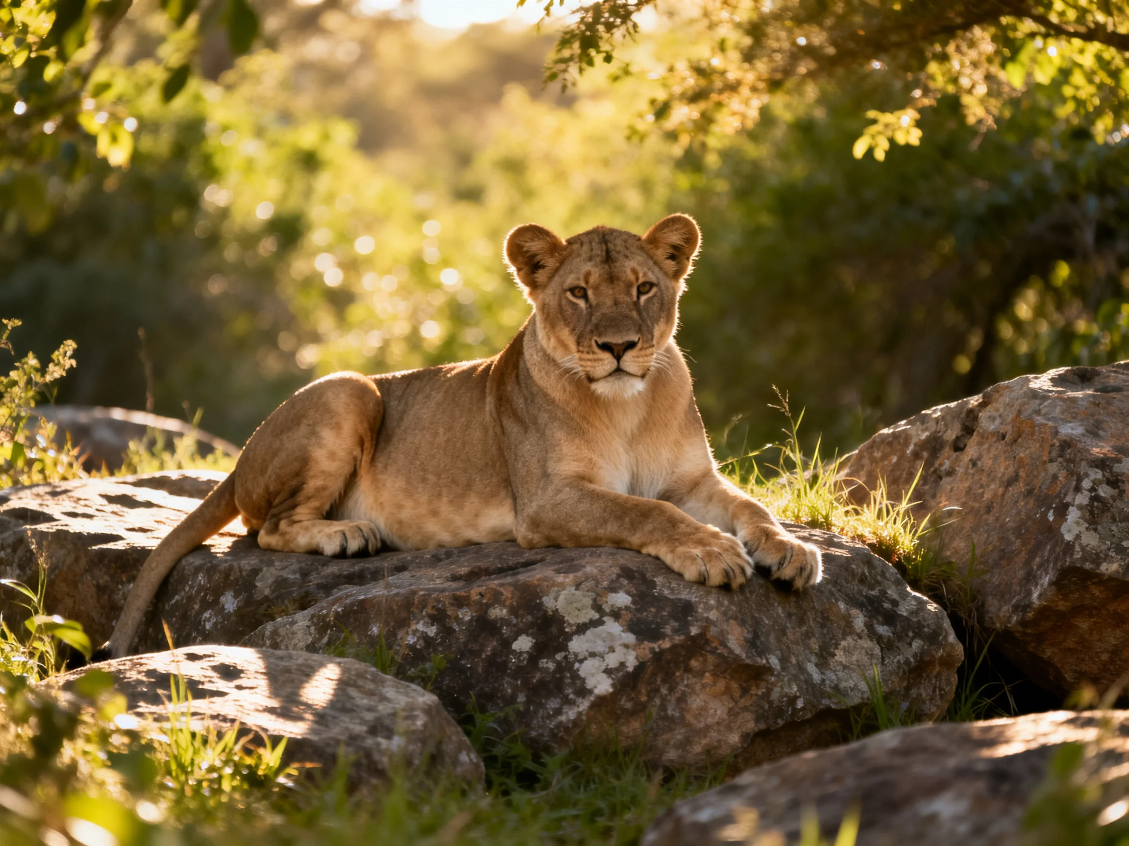 A lioness relaxes on rocks in a sun-drenched, green landscape.
