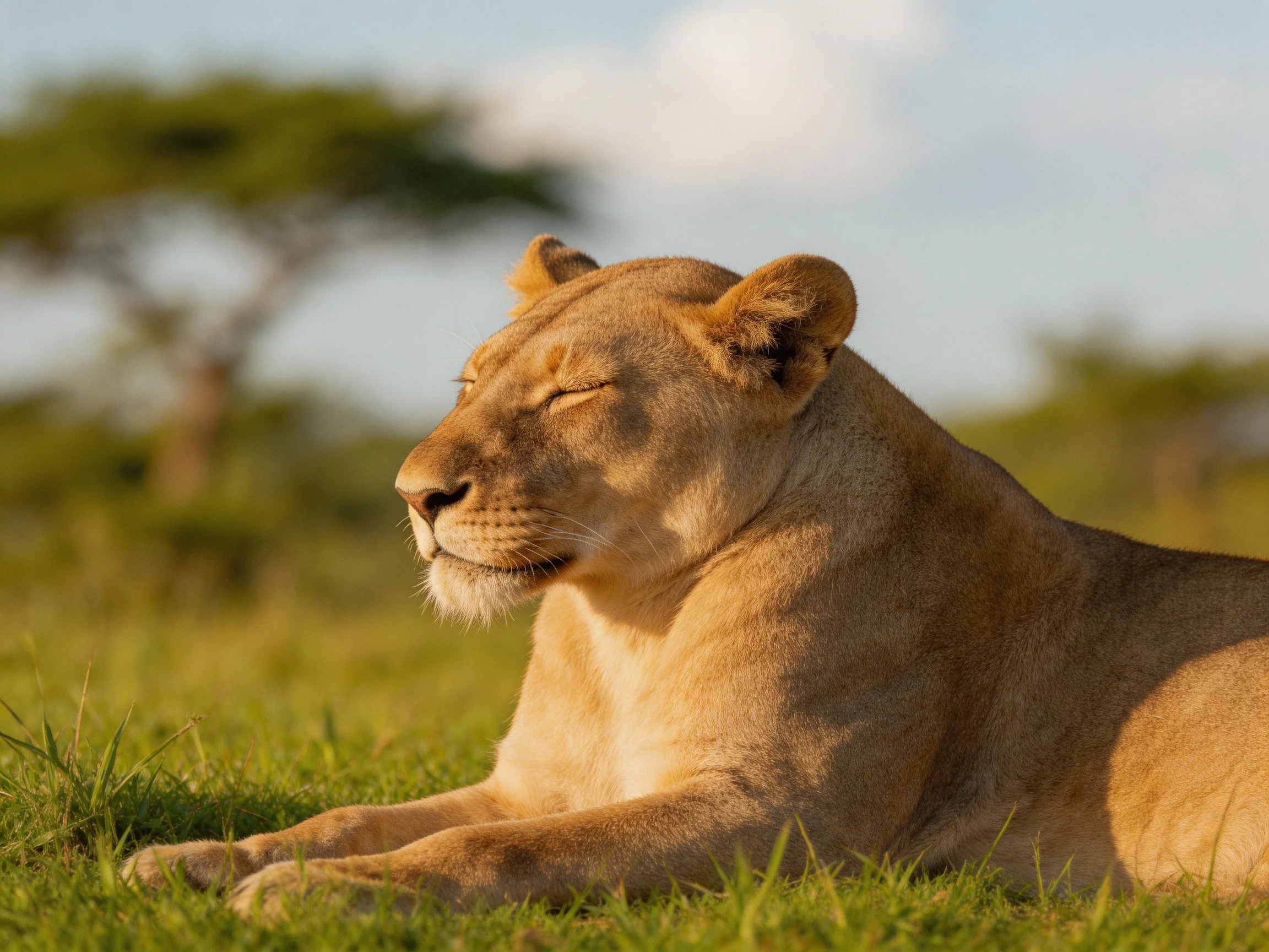A golden lioness rests peacefully in a sunlit savannah