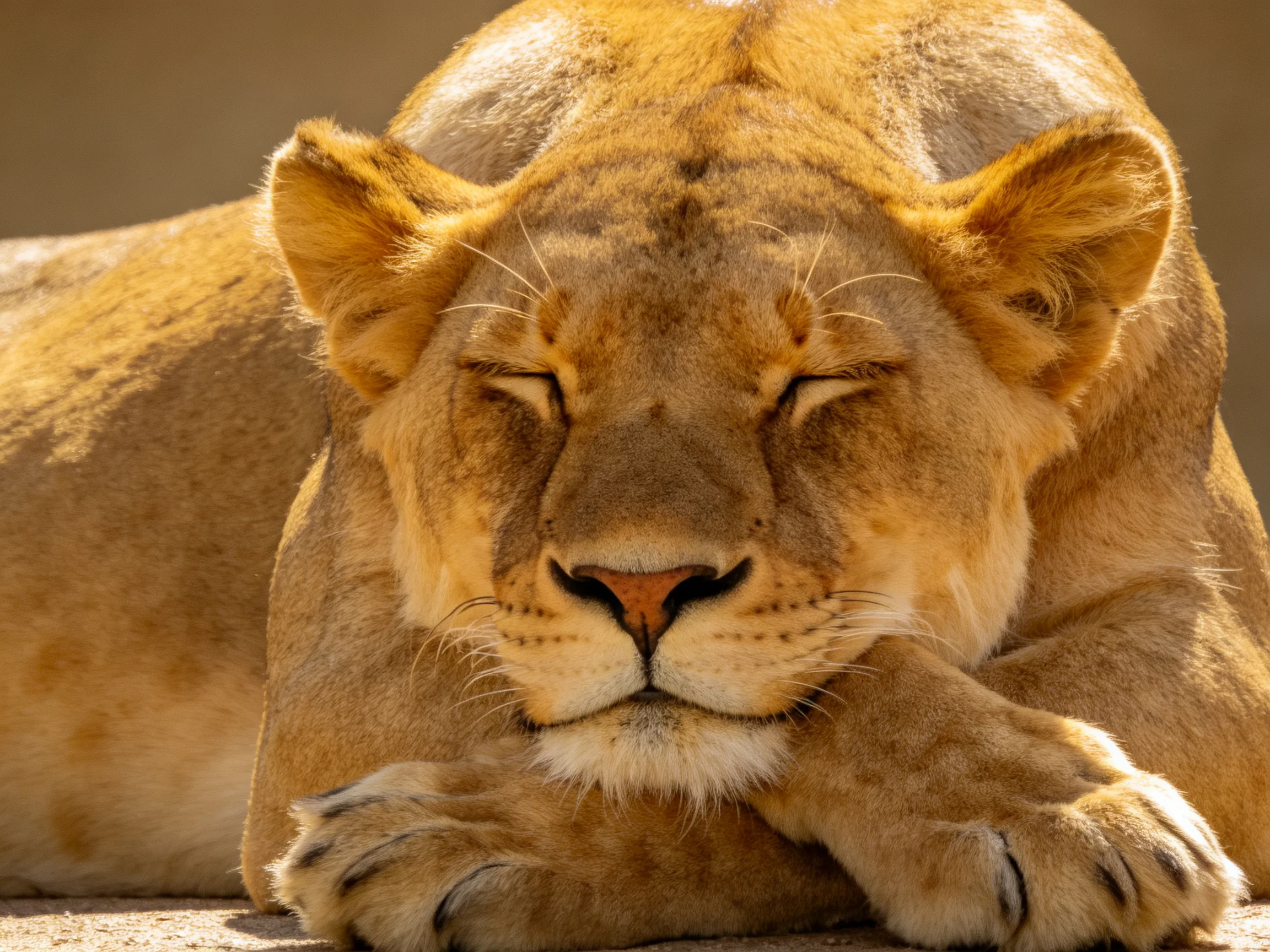 A golden lioness rests peacefully with eyes closed