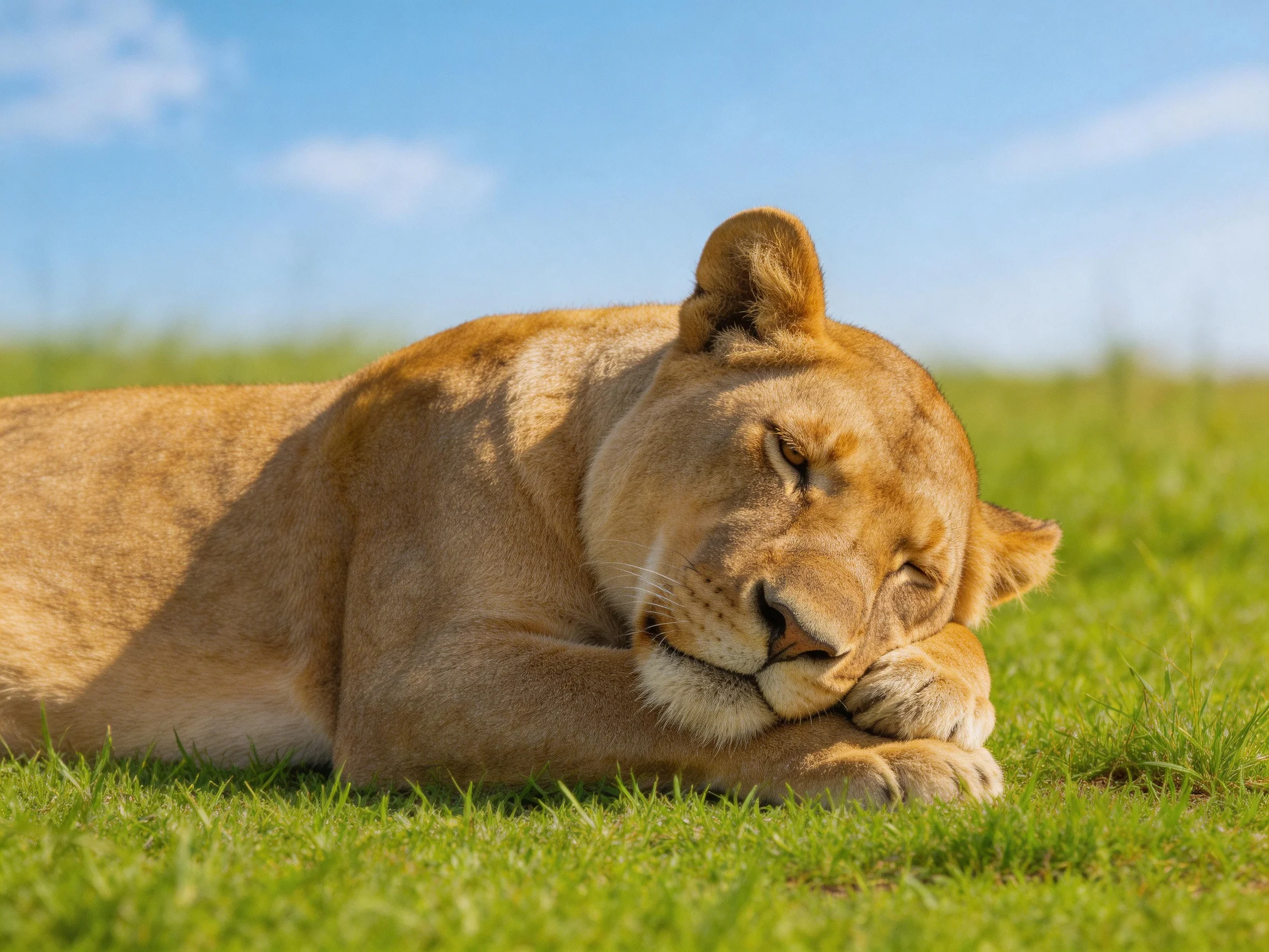 A golden lioness restspeacefully on vibrant green grass beneath a bright blue sky