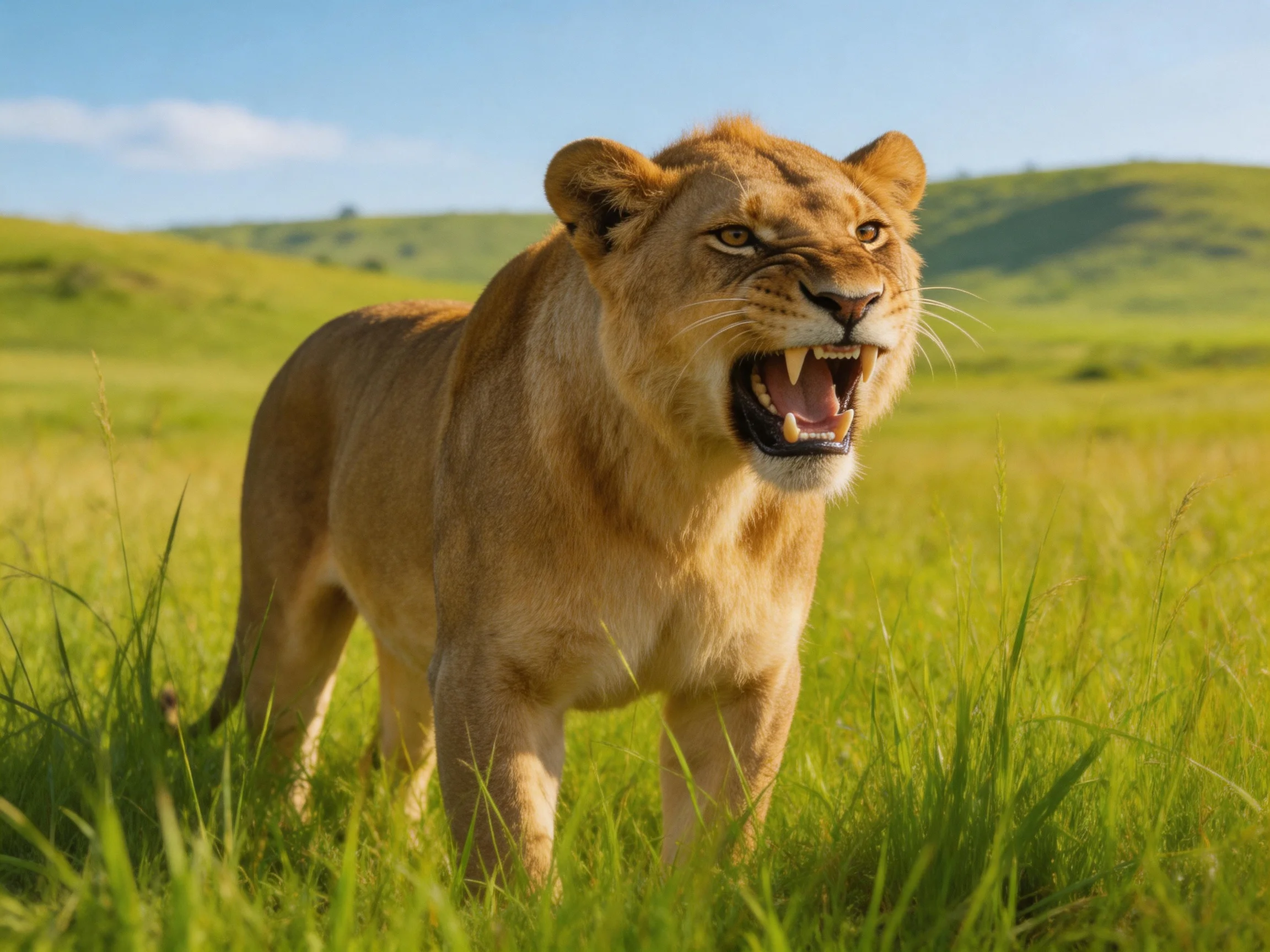 A golden lioness roars in a sunlit savannah with tall green grass