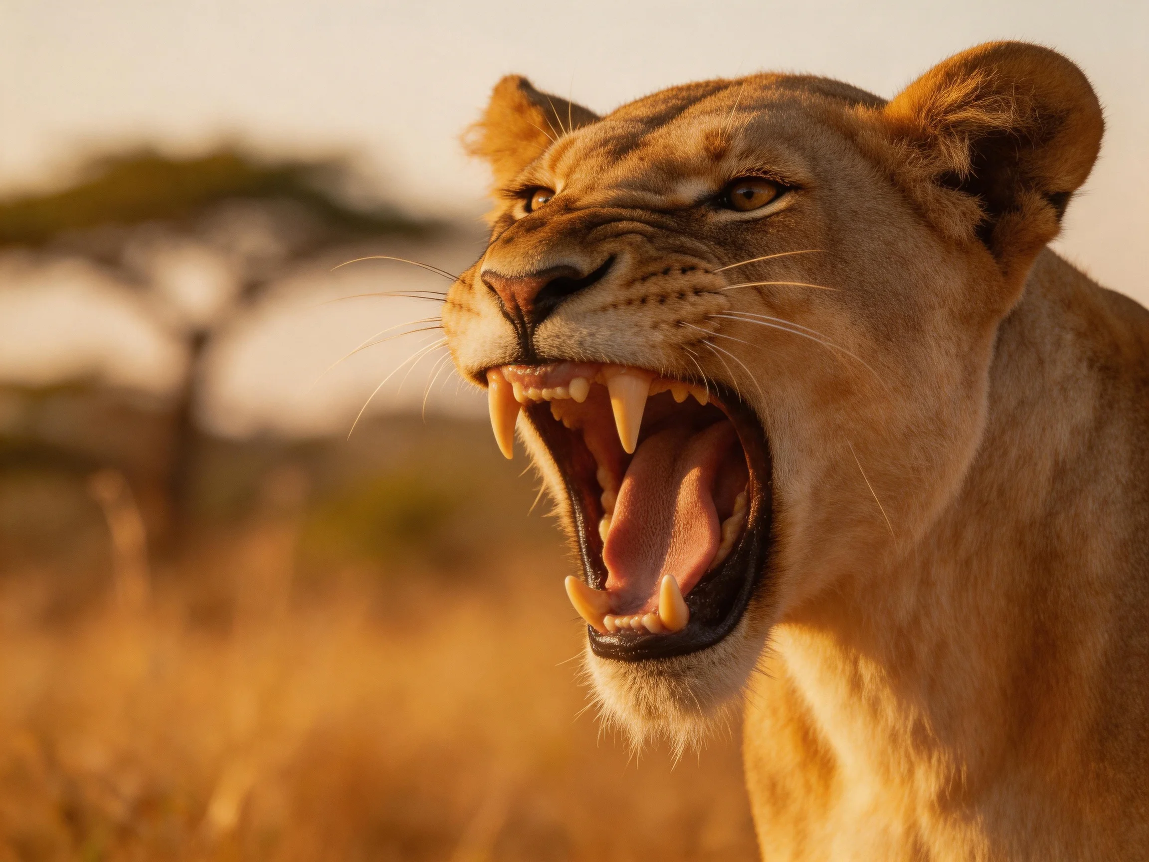 A golden lioness roars in the sunlit savannah
