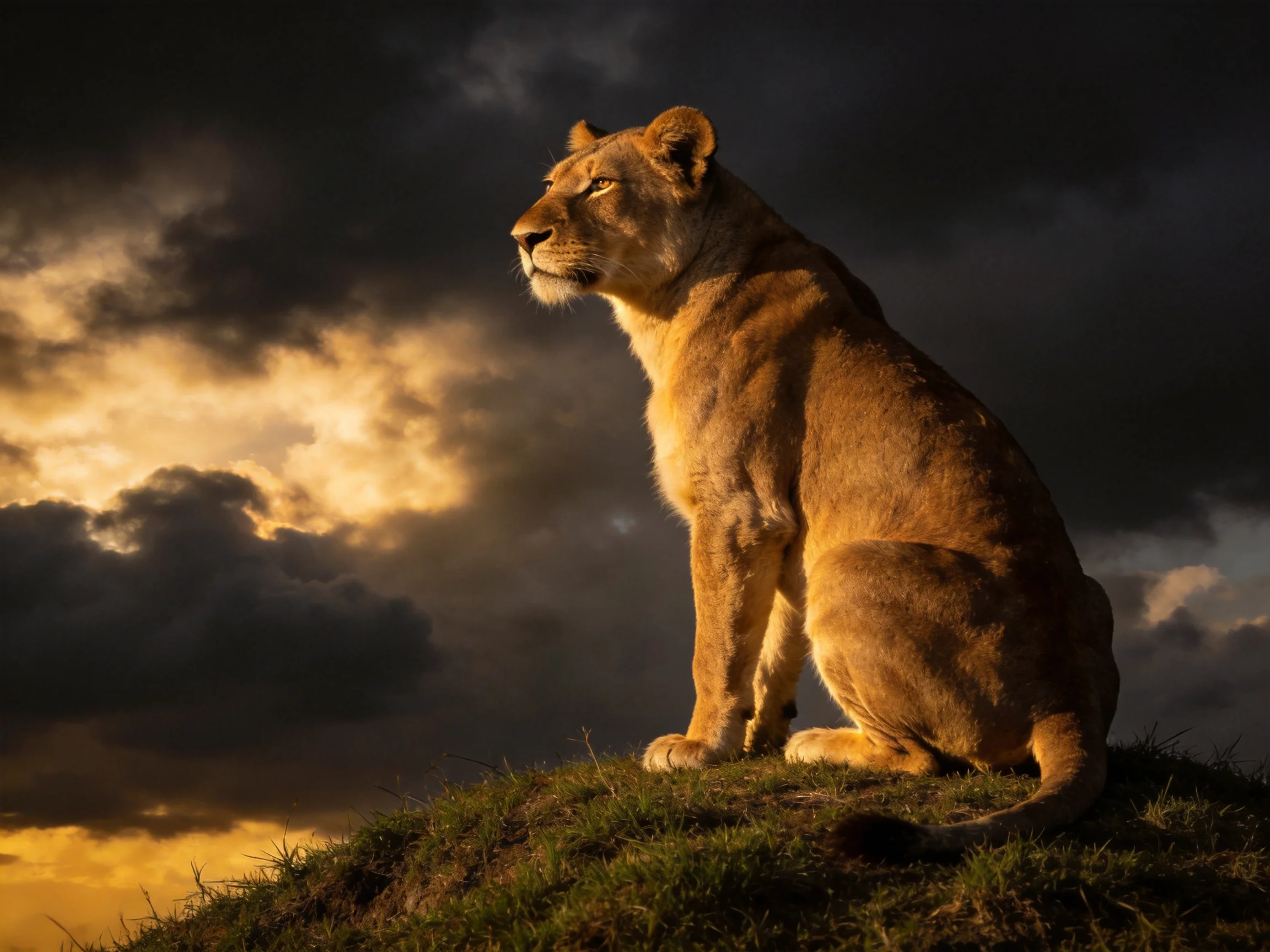 A golden lioness sits atop a grassy mound under dramatic, dark clouds