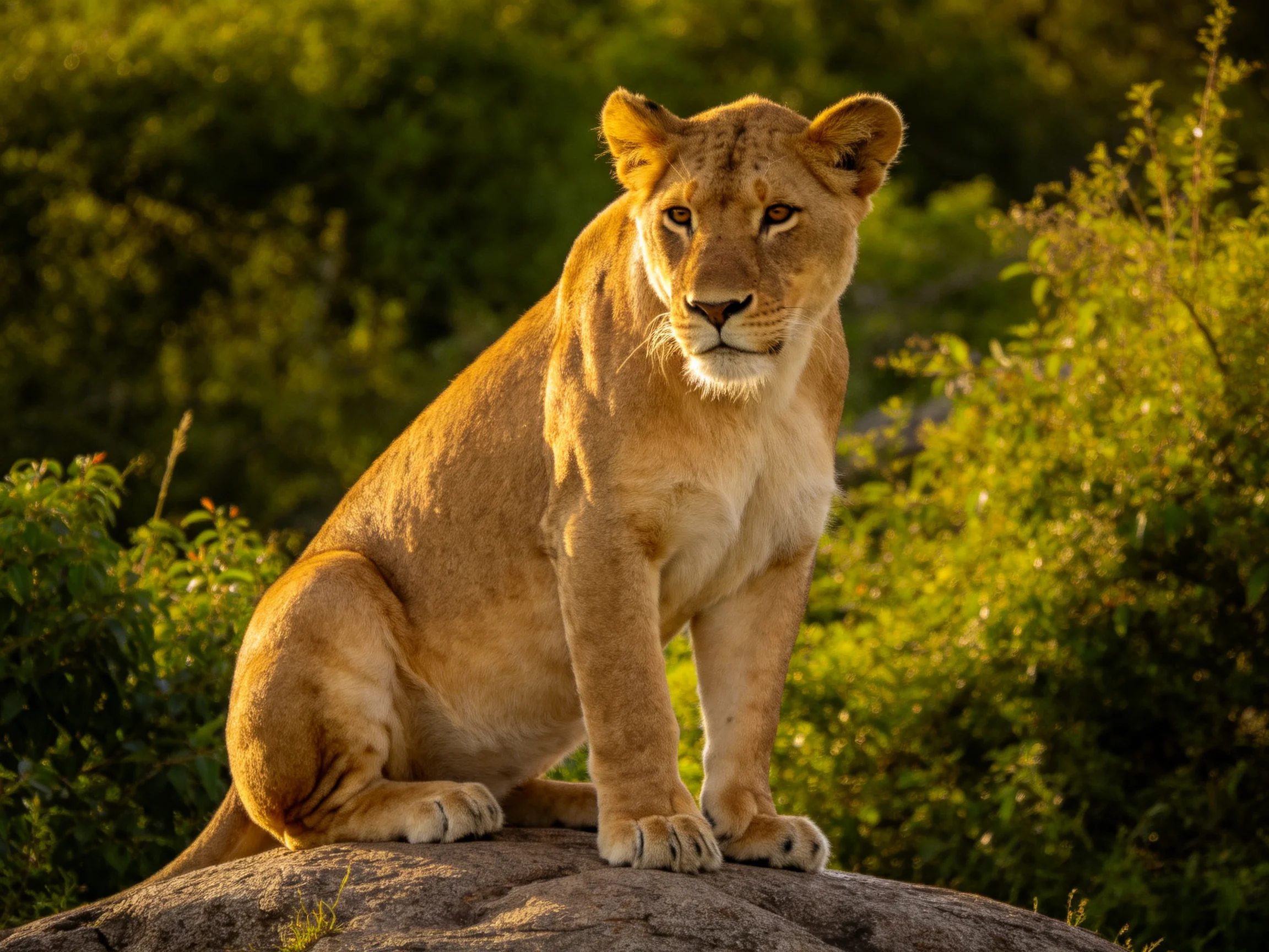 A golden lioness sits atop a rock amid lush green foliage