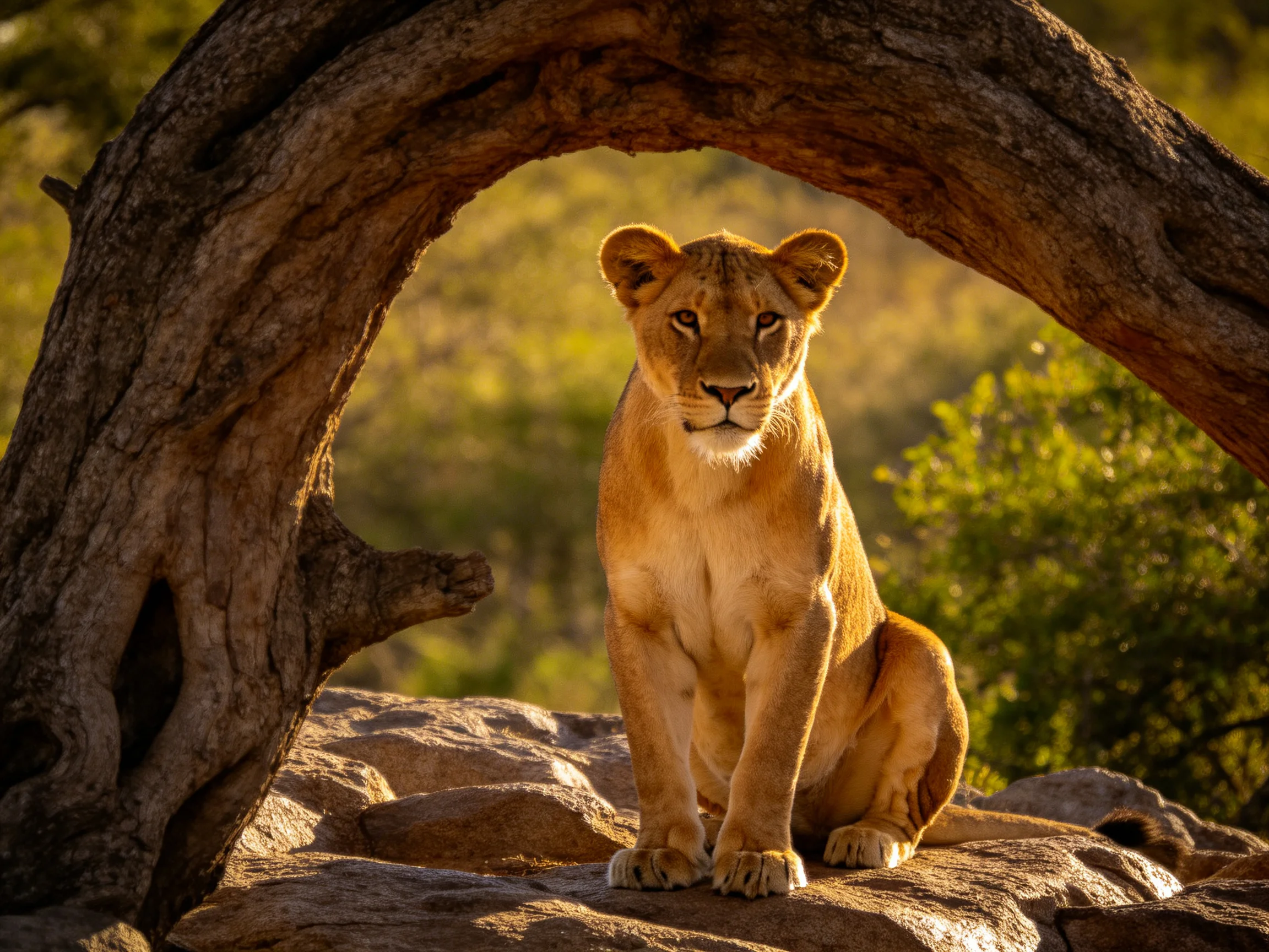 A golden lioness sits beneath a gnarled tree arch on rocky terrain